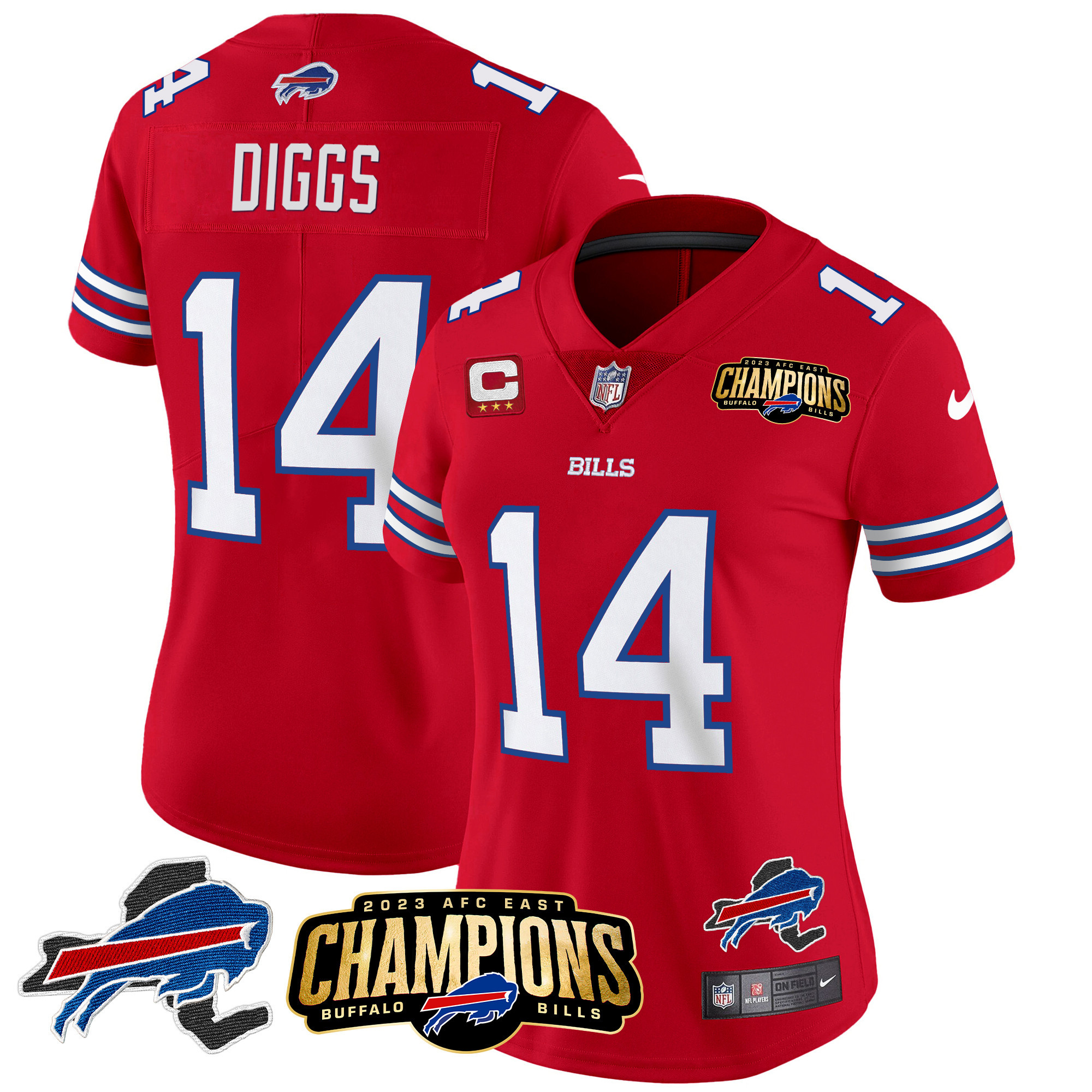 Stefon Diggs Women's Buffalo Bills 2023 AFC East Champions Patch Gold Vapor Red Jersey - All Stitched 