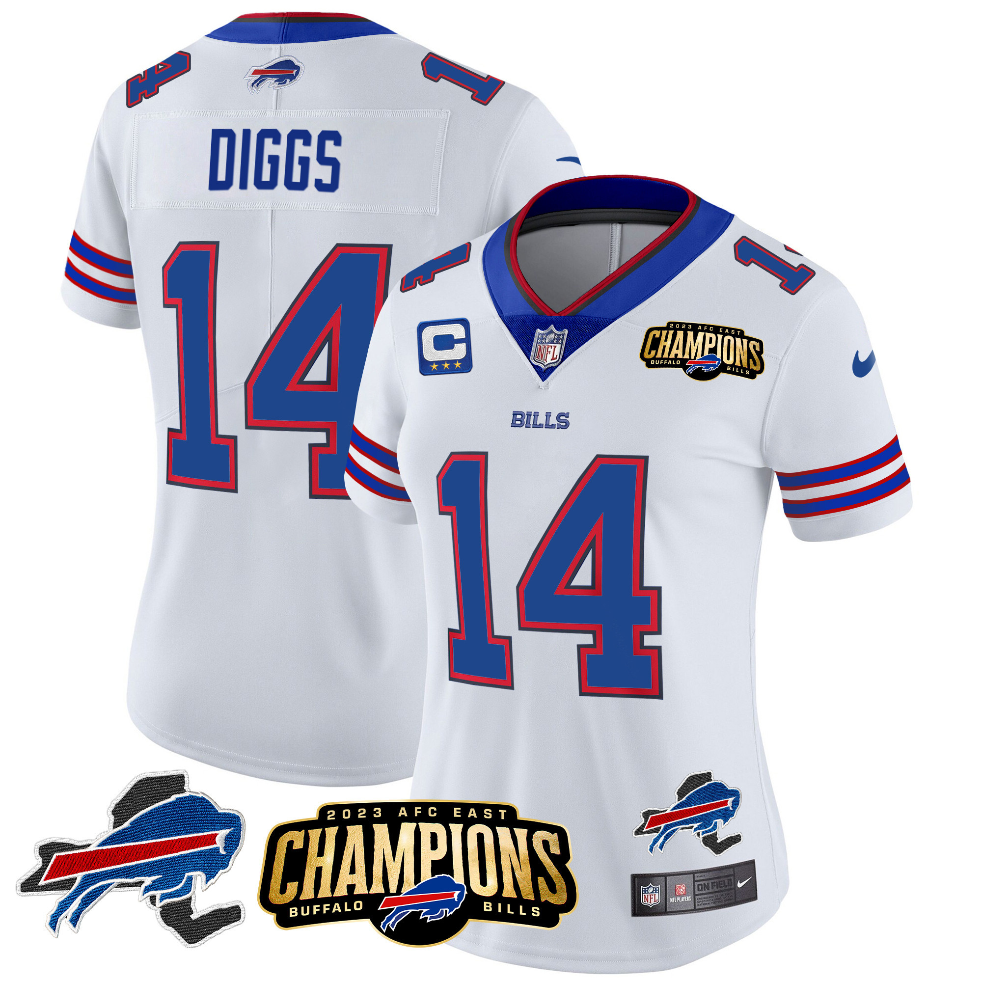Stefon Diggs Women's Buffalo Bills 2023 AFC East Champions Patch Gold Vapor White Jersey - All Stitched 