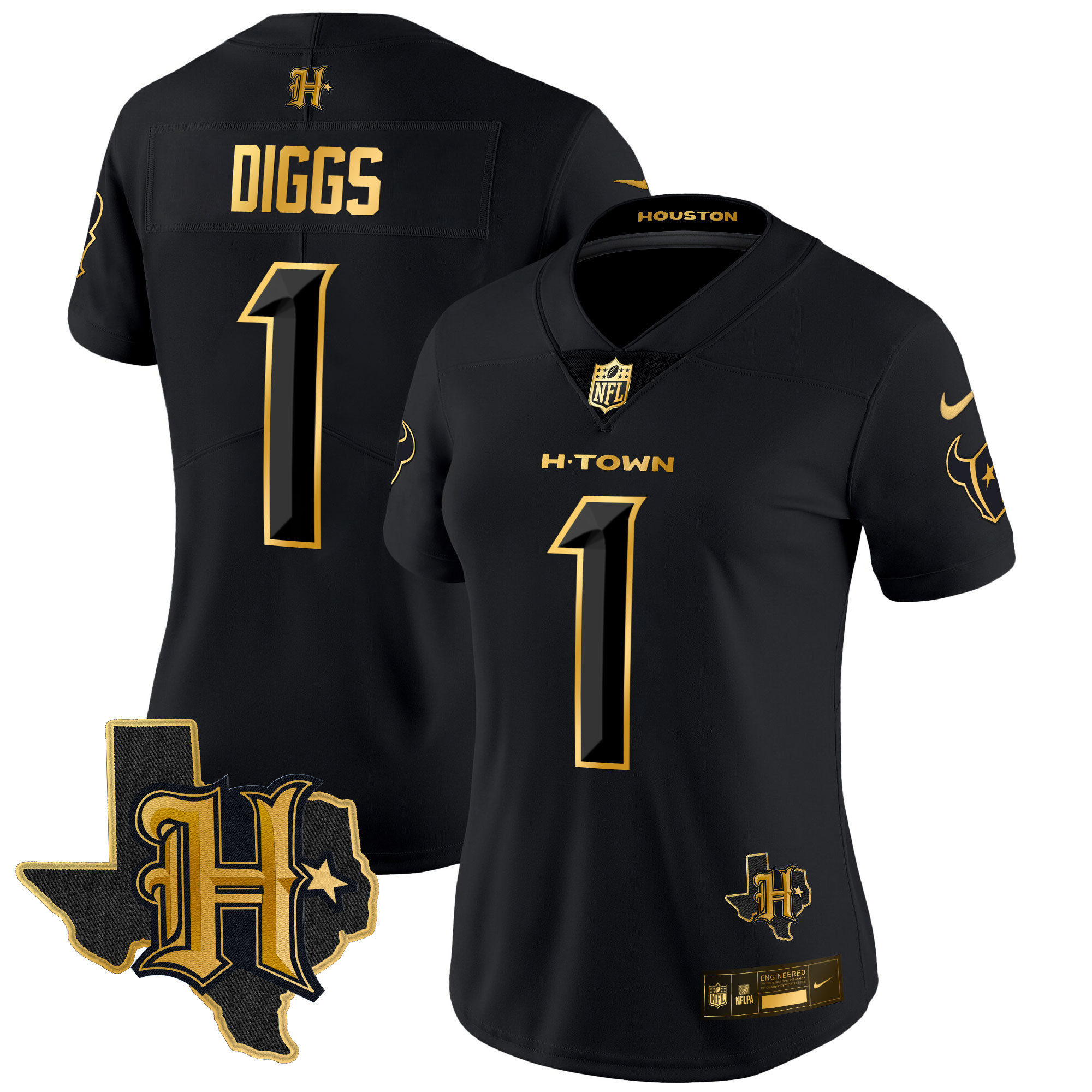 Stefon Diggs Women's Houston Texans 2024 Texas Patch Gold Vapor Limited Black Gold Jersey - All Stitched 