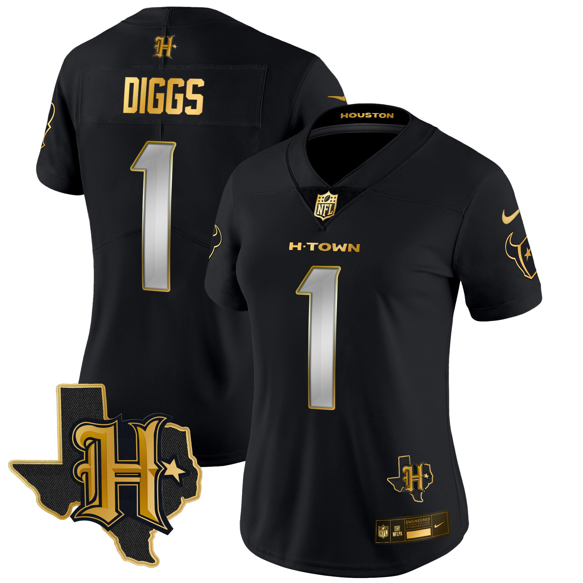 Stefon Diggs Women's Houston Texans 2024 Texas Patch Gold Vapor Limited Black Limited Jersey - All Stitched 
