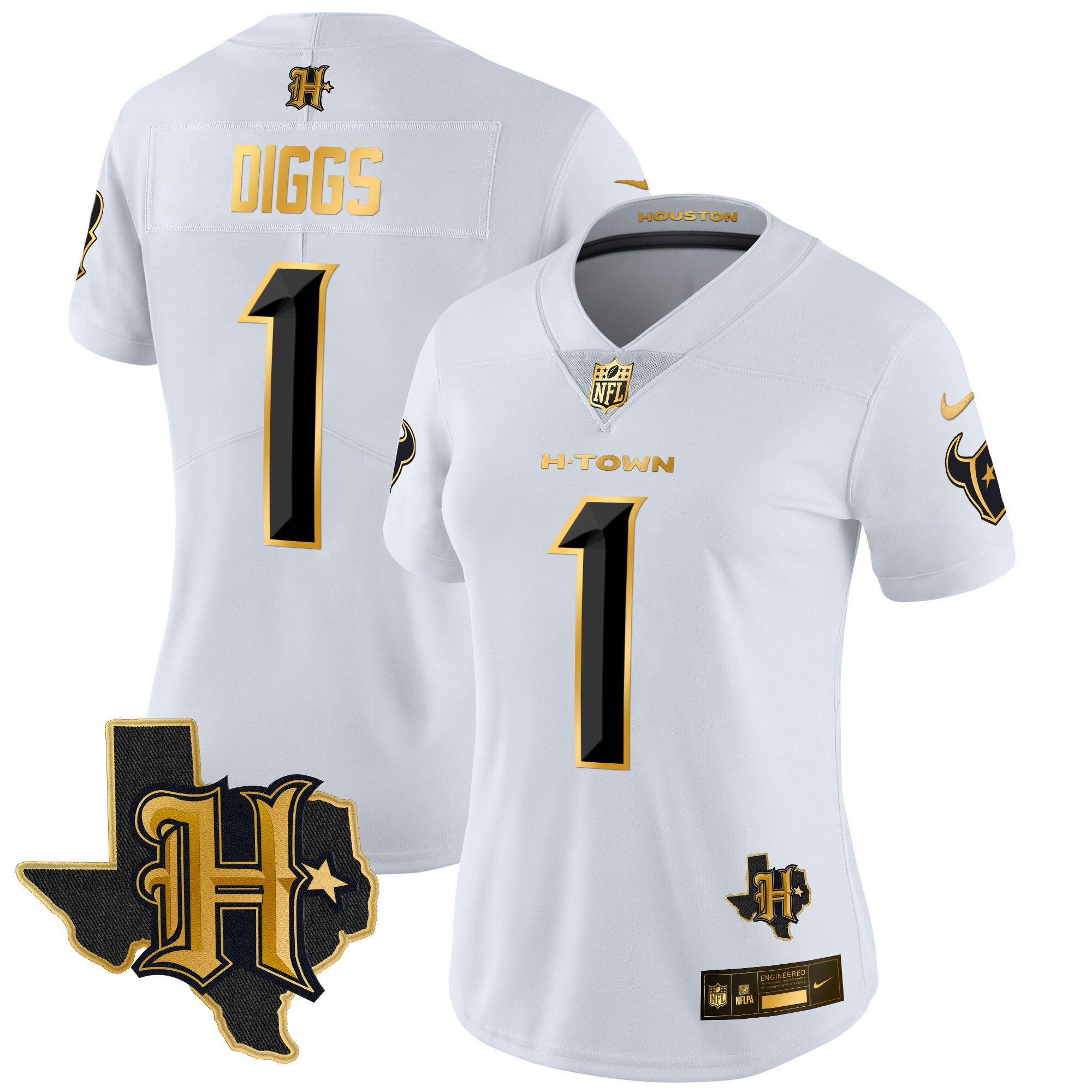 Stefon Diggs Women's Houston Texans 2024 Texas Patch Gold Vapor Limited White Gold Jersey - All Stitched 