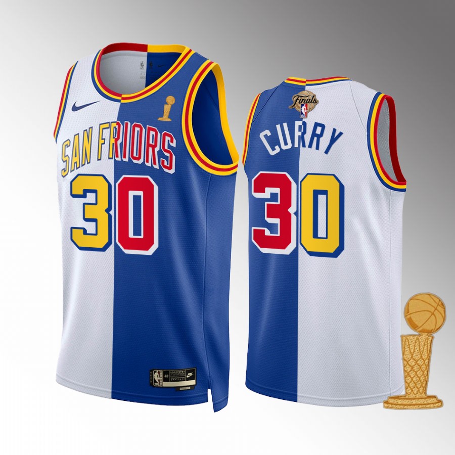 Stephen Curry 2021-22 NBA Champions Golden State Warriors White Royal #30 Jersey Classic Split