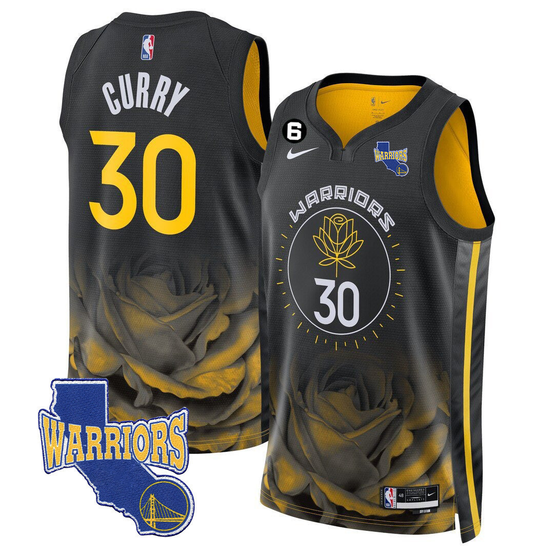 Stephen Curry Men's Golden State Warriors 2023-24 California State Patch 22-23 City Black Jersey - All Stitched