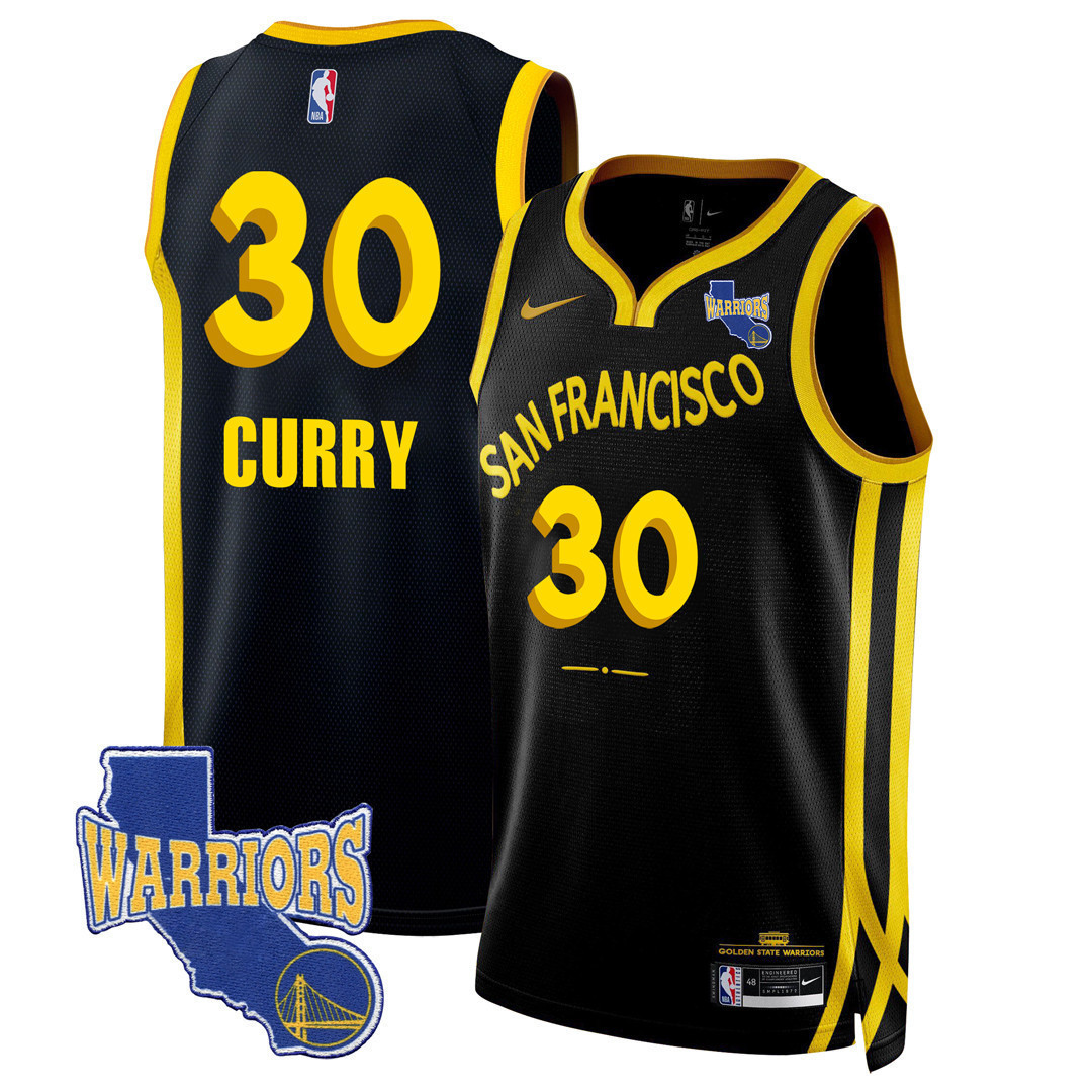 Stephen Curry Men's Golden State Warriors 2023-24 California State Patch City Black Jersey - All Stitched