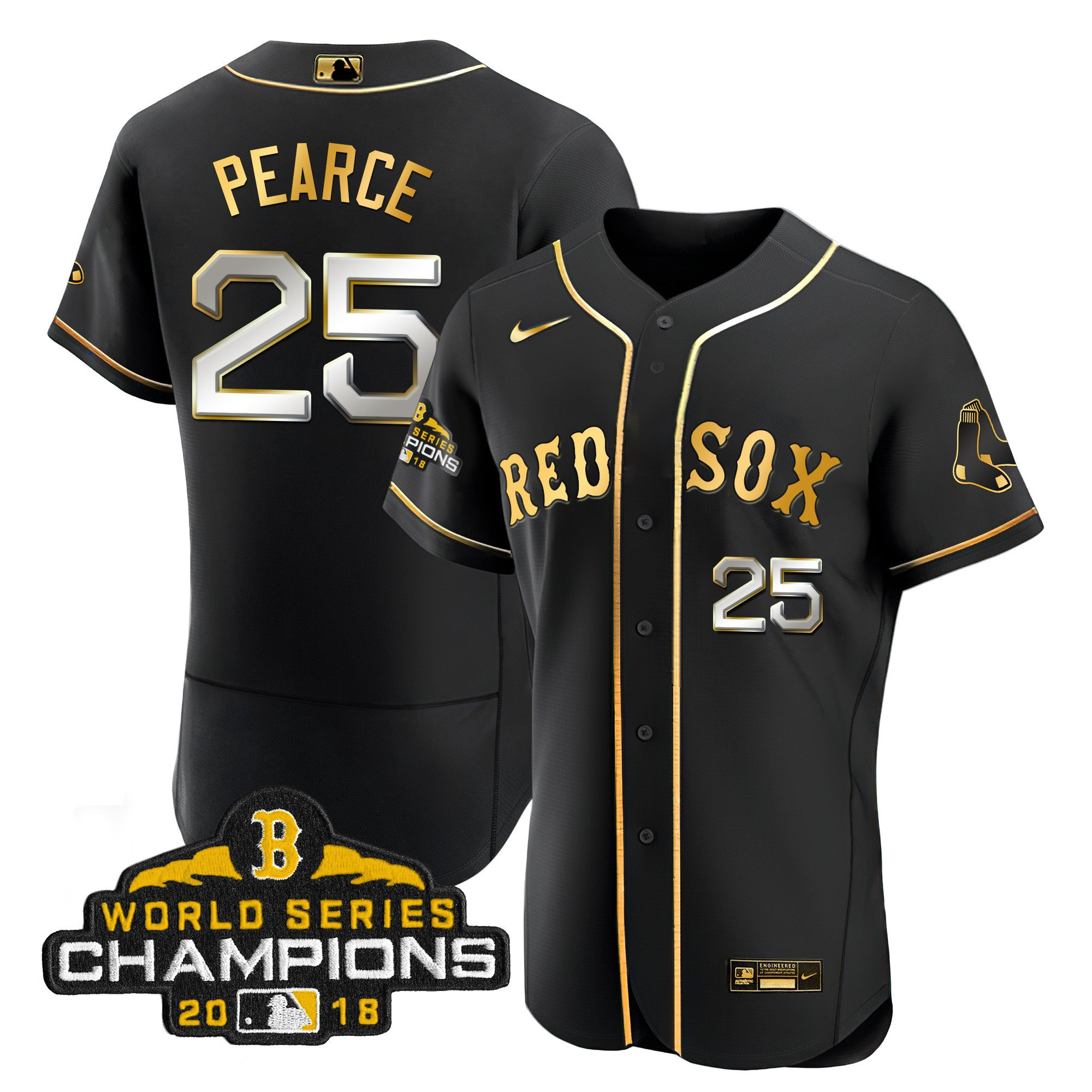 Steve Pearce Men Boston Red Sox World Series Champion 2018 Gold Flex Black Jersey - All Stitched