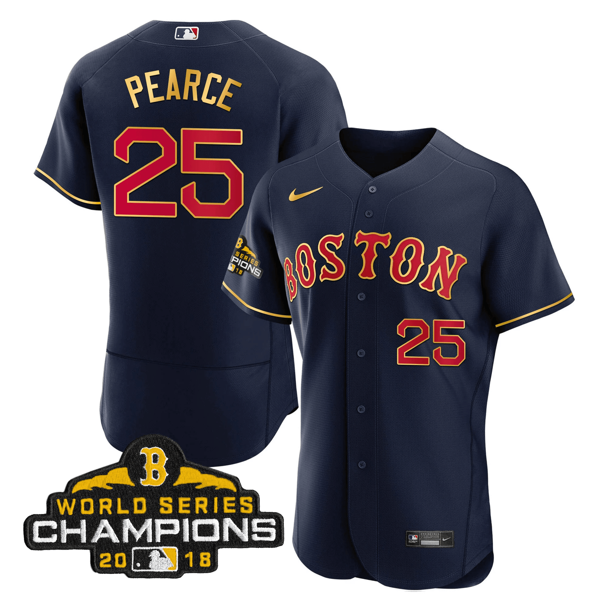 Steve Pearce Men Boston Red Sox World Series Champion 2018 Gold Flex Navy Jersey - All Stitched