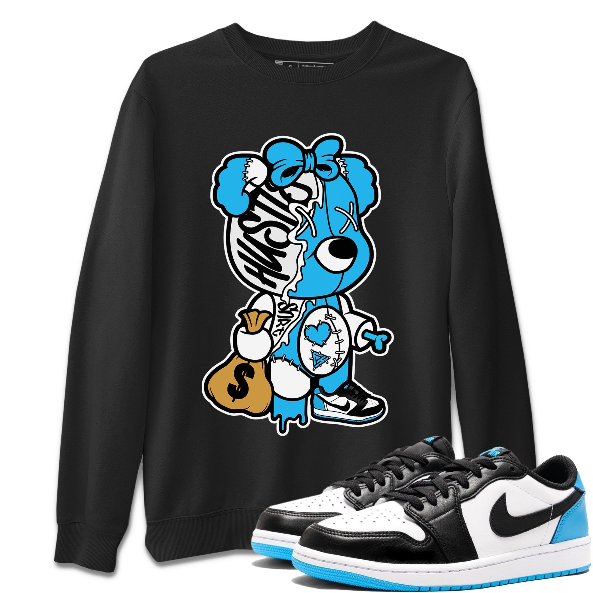 Stitched Hustle Bear Unisex Sweater – Air Jordan 1 Powder Blue, Sneakers Matching Sweater