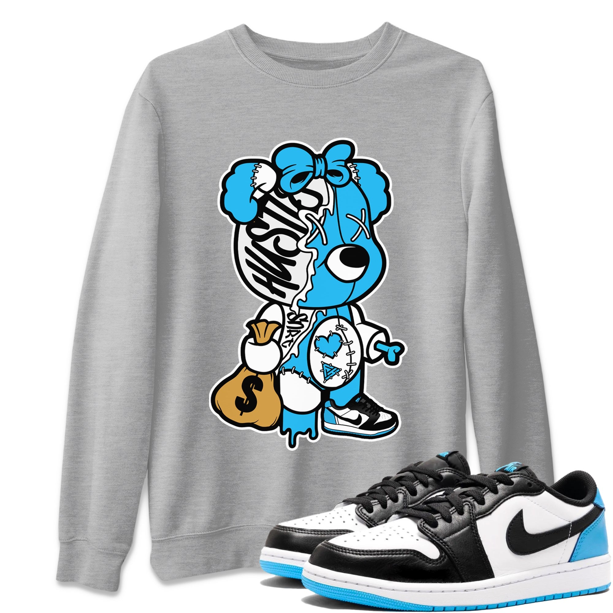 Stitched Hustle Bear Unisex Sweater – Air Jordan 1 Powder Blue, Sneakers Matching Sweater