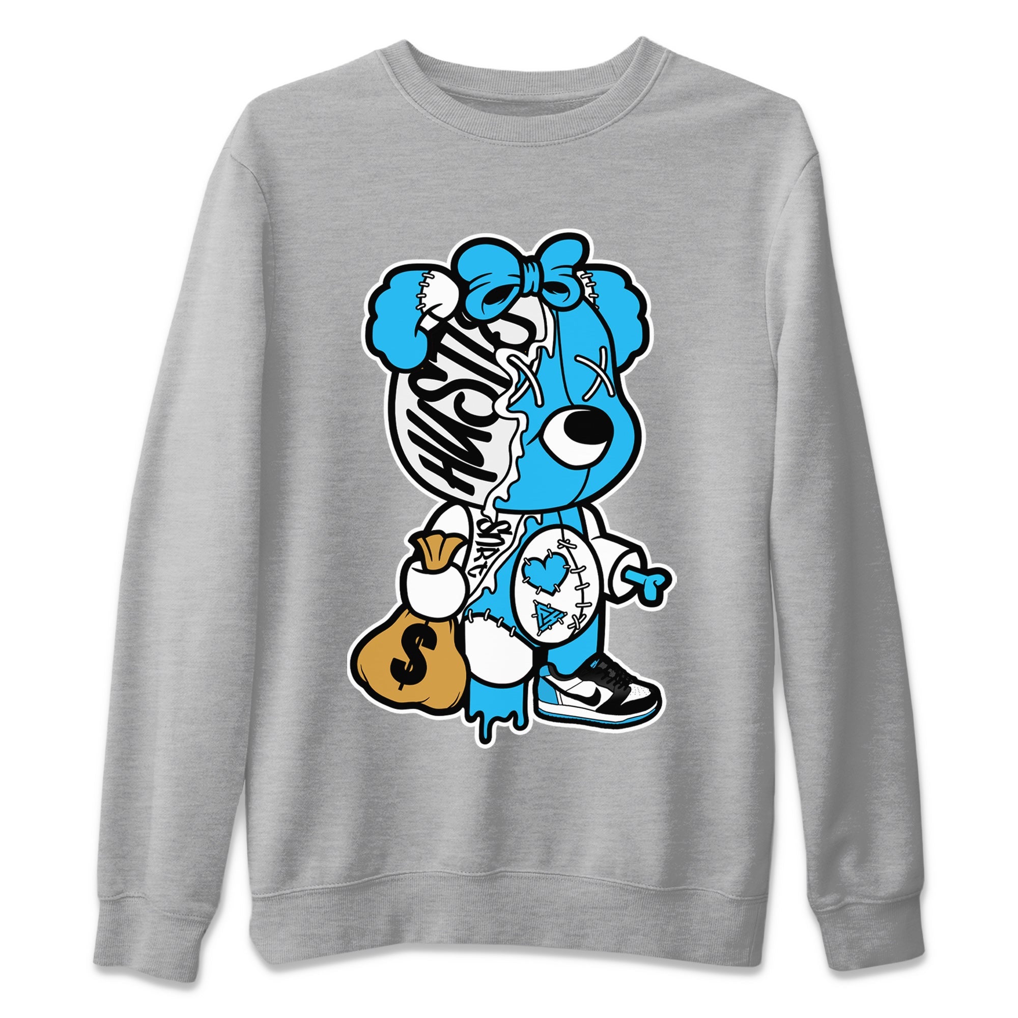 Stitched Hustle Bear Unisex Sweater – Air Jordan 1 Powder Blue, Sneakers Matching Sweater