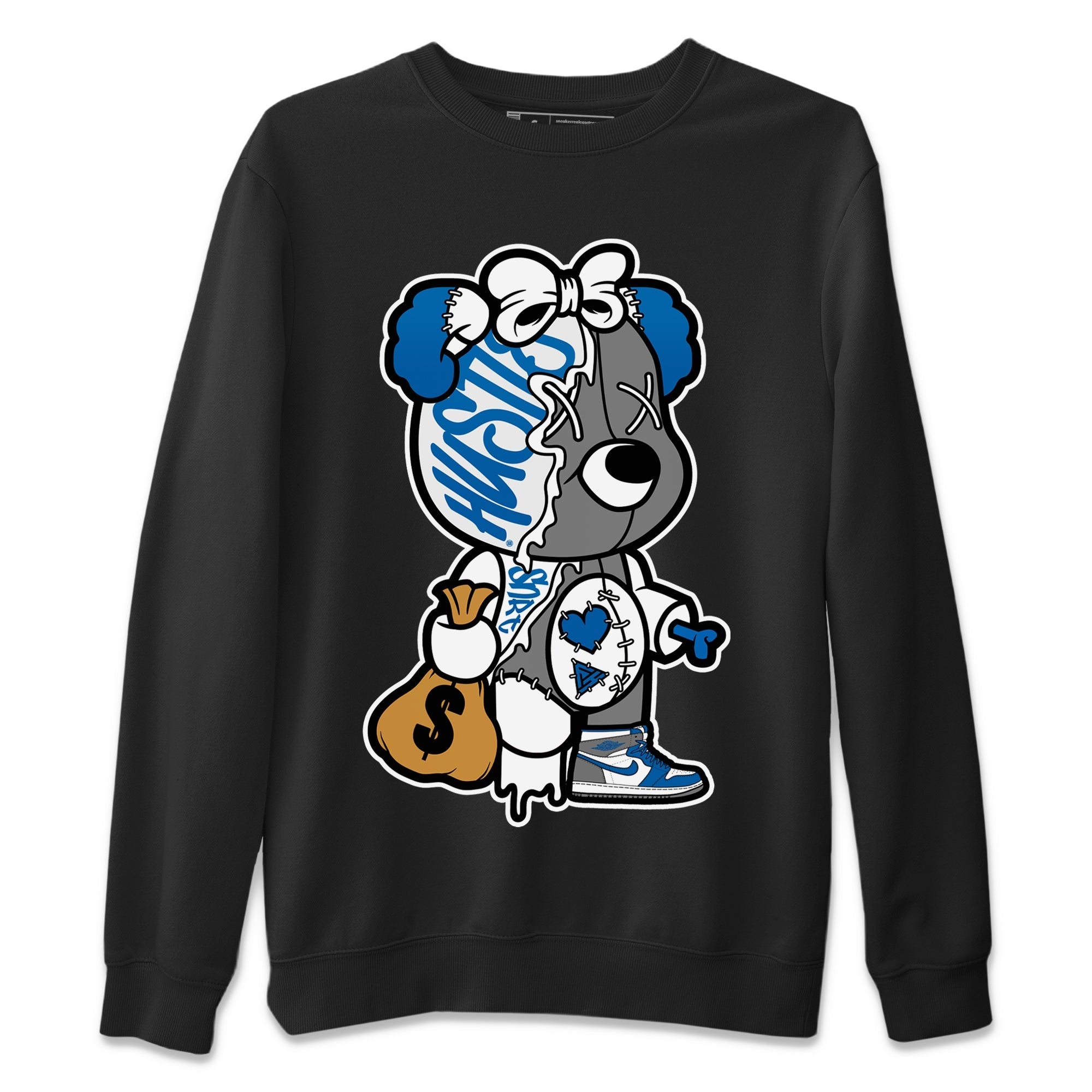 Stitched Hustle Bear Unisex Sweater – Air Jordan 1 True Blue, Sneakers Matching Sweater