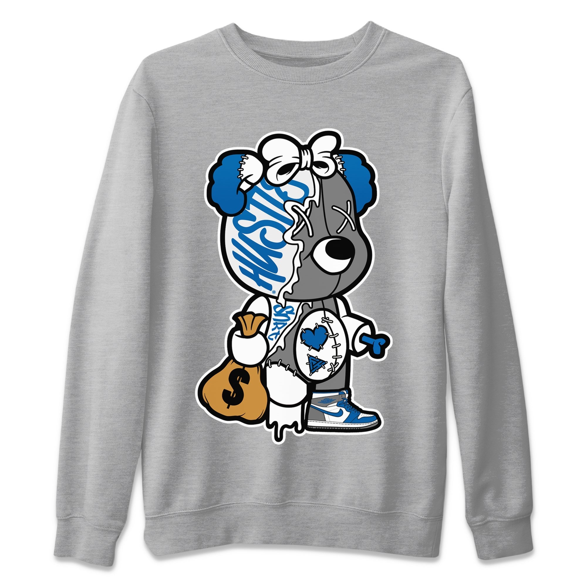 Stitched Hustle Bear Unisex Sweater – Air Jordan 1 True Blue, Sneakers Matching Sweater