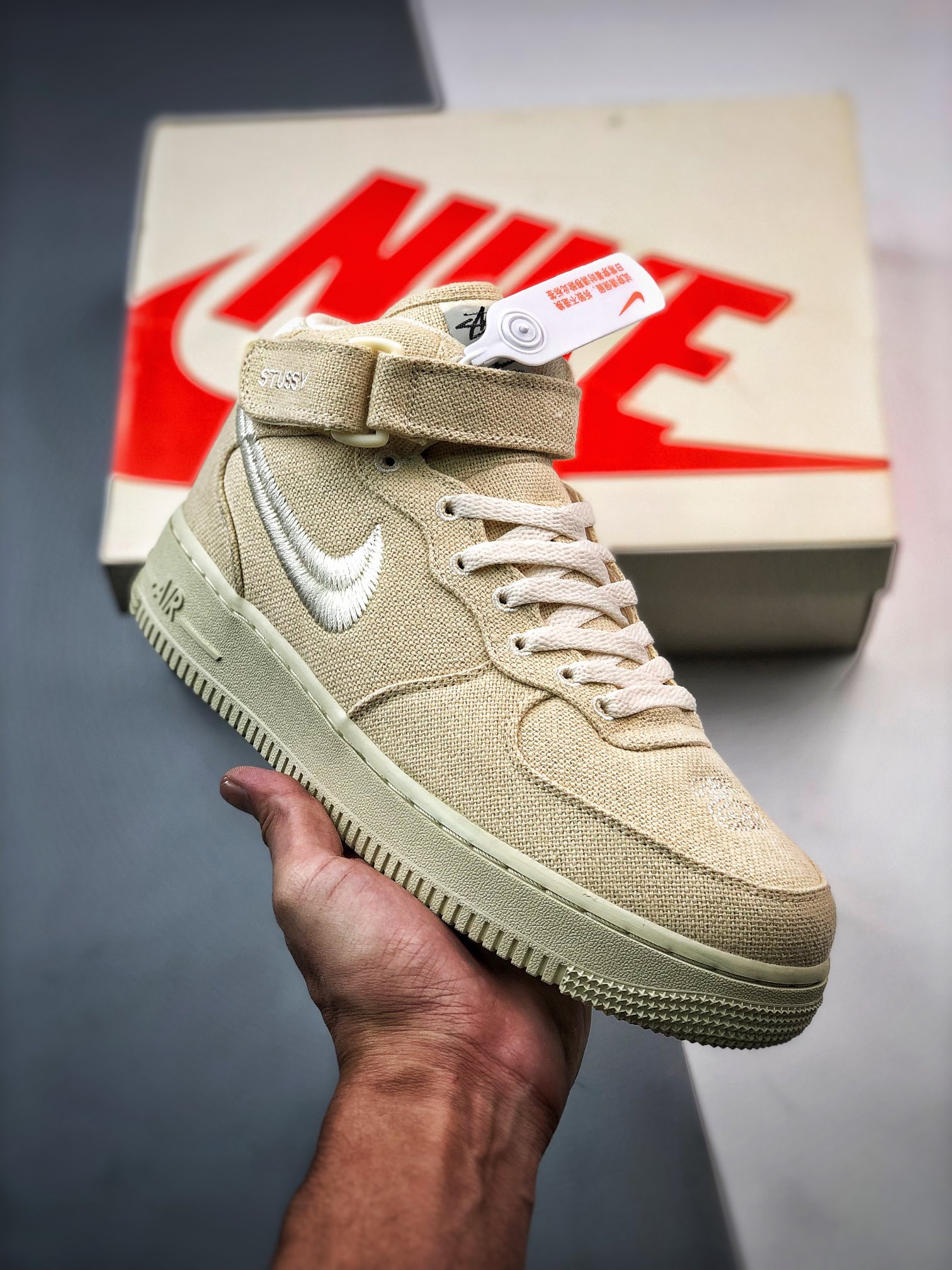 Stussy x Nike Air Force 1 Mid “Fossil Stone” For Sale