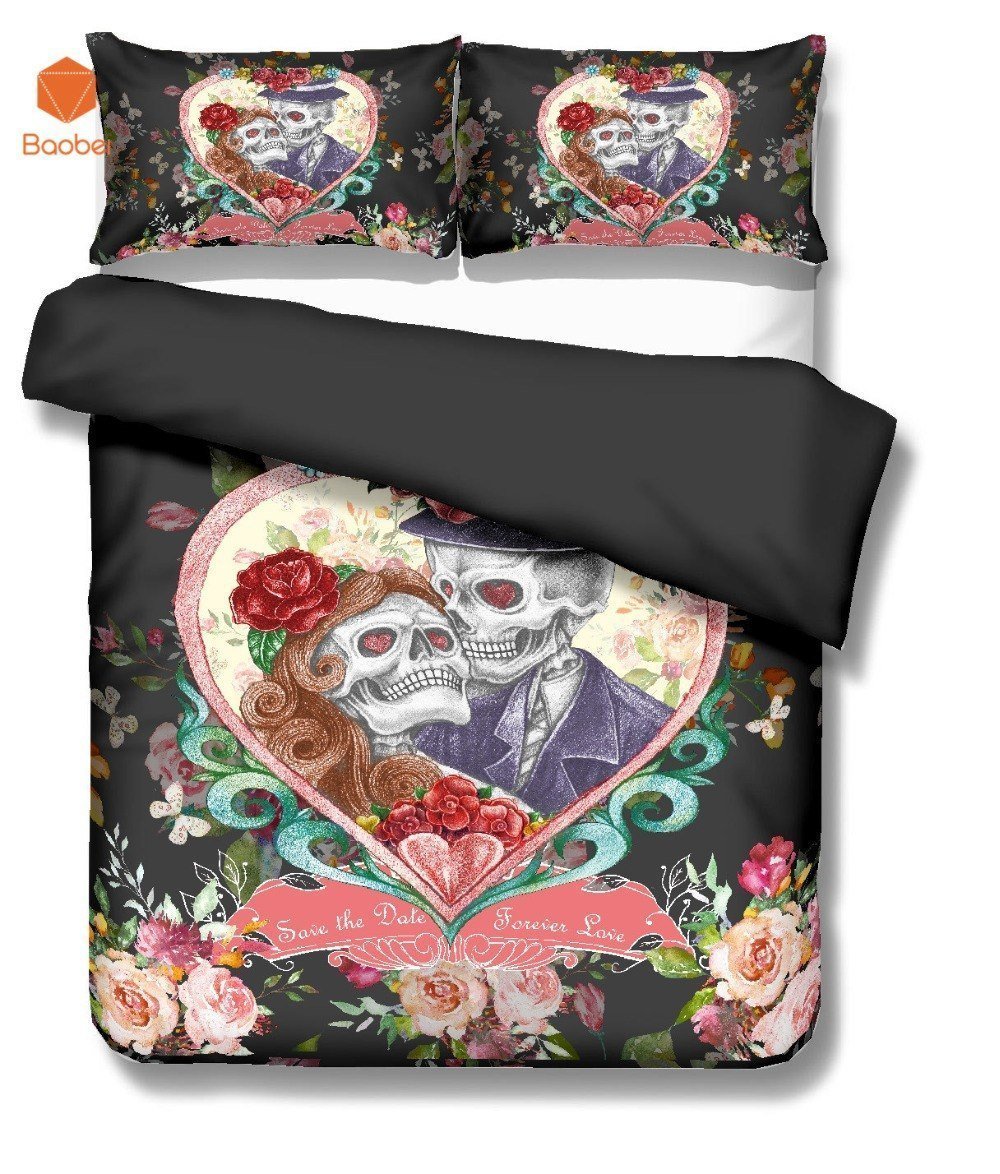 Sugar Flowers Heart Skull Black Duvet Cover Bedding Set