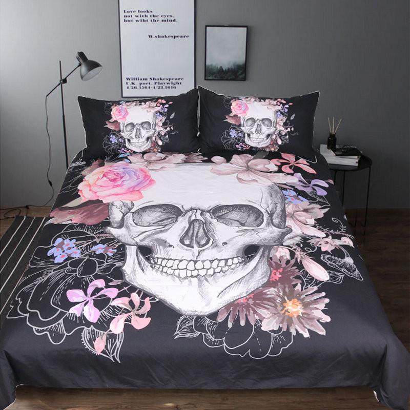 Sugarkull And Floral 3D Customized Duvet Cover Bedding Set