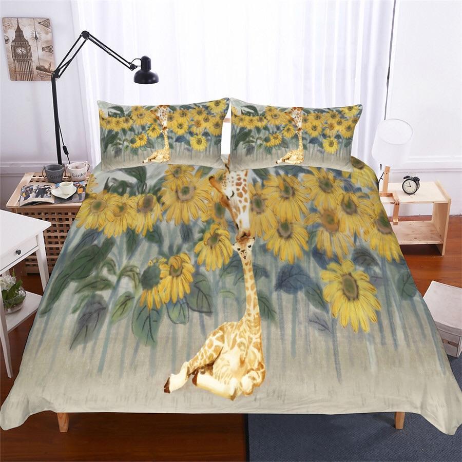 Sunflowers, Mother & Baby Giraffes 3D Customized Duvet Cover Bedding Set
