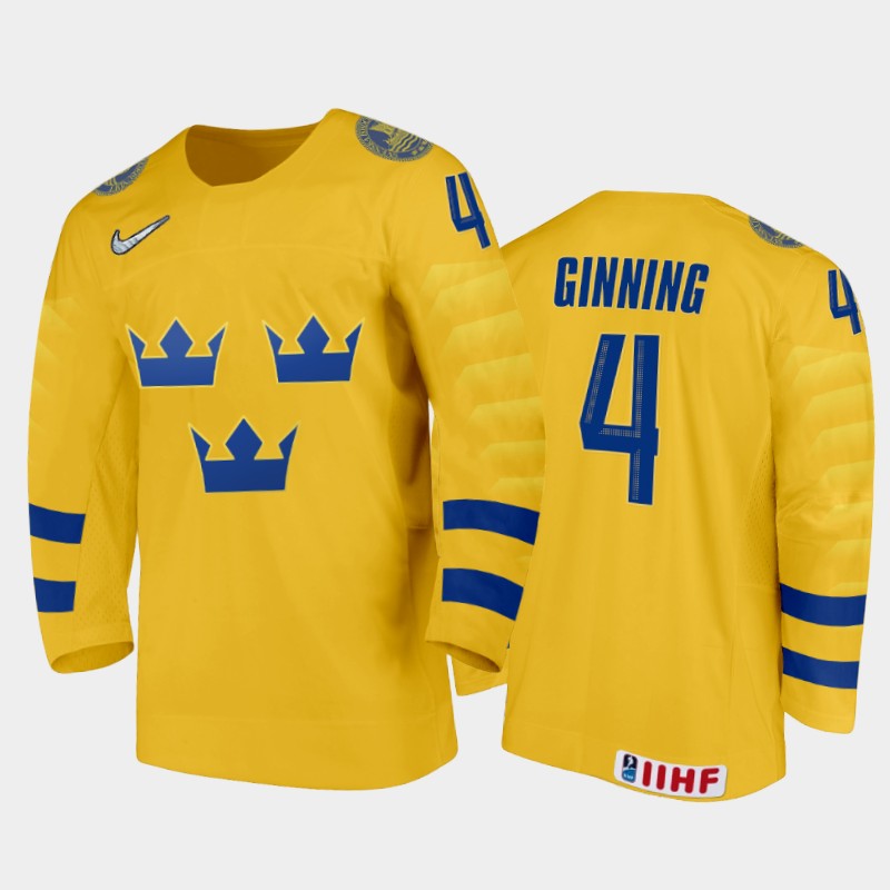 Sweden Adam Ginning #4 2020 IIHF World Junior Ice Yellow Home Jersey