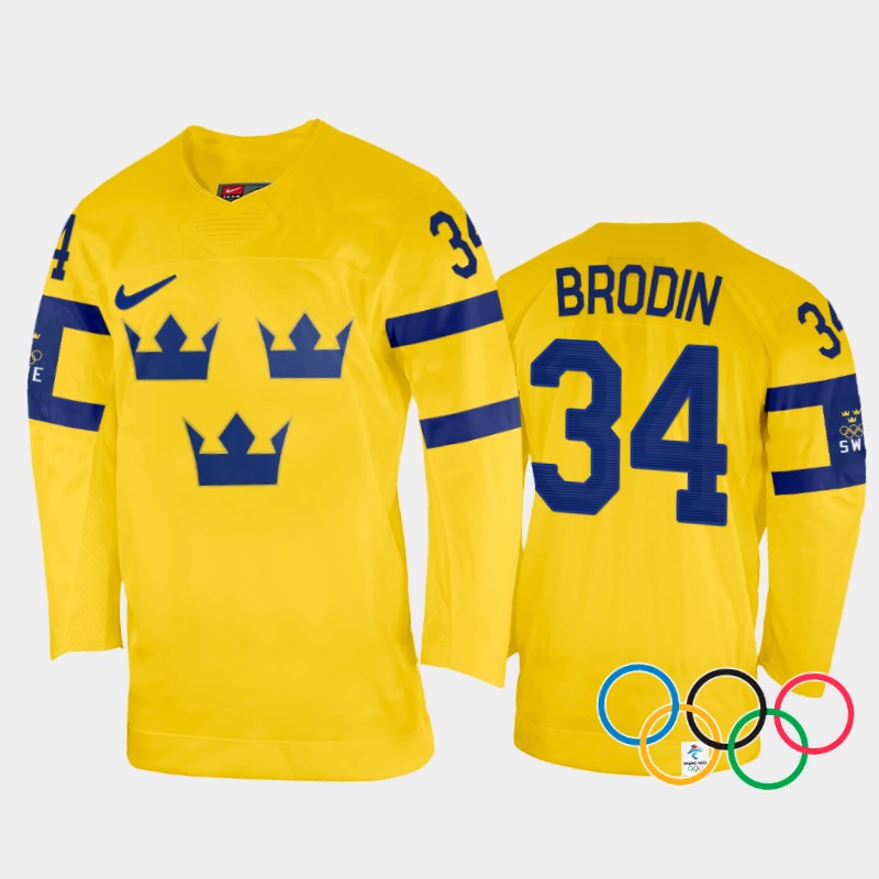 Sweden Daniel Brodin 2022 Winter Olympics Yellow #34 Jersey Home