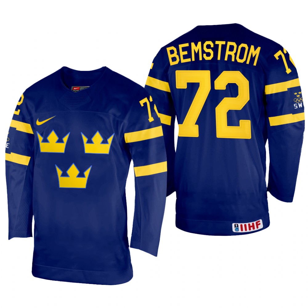 Sweden Emil Bemstrom 2022 IIHF World Championship Navy #72 Jersey Away