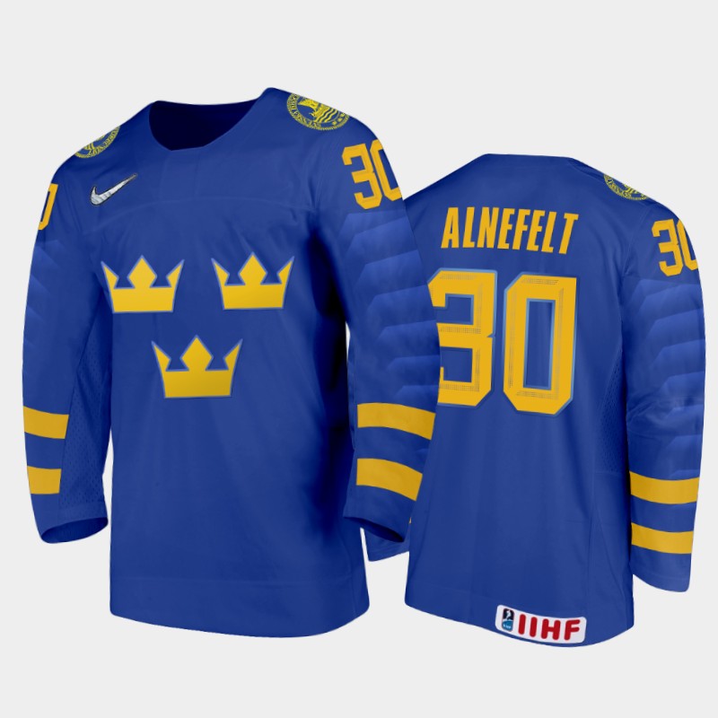 Sweden Hugo Alnefelt #30 2020 IIHF World Junior Ice Blue Away Jersey