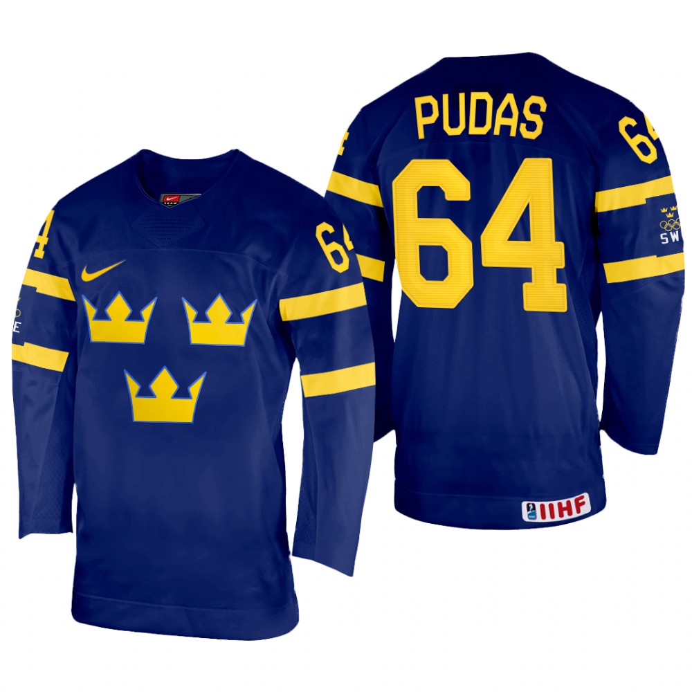 Sweden Jonathan Pudas 2022 IIHF World Championship Navy #64 Jersey Away