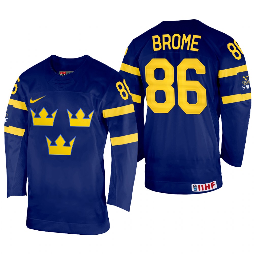 Sweden Mathias Brome 2022 IIHF World Championship Navy #86 Jersey Away