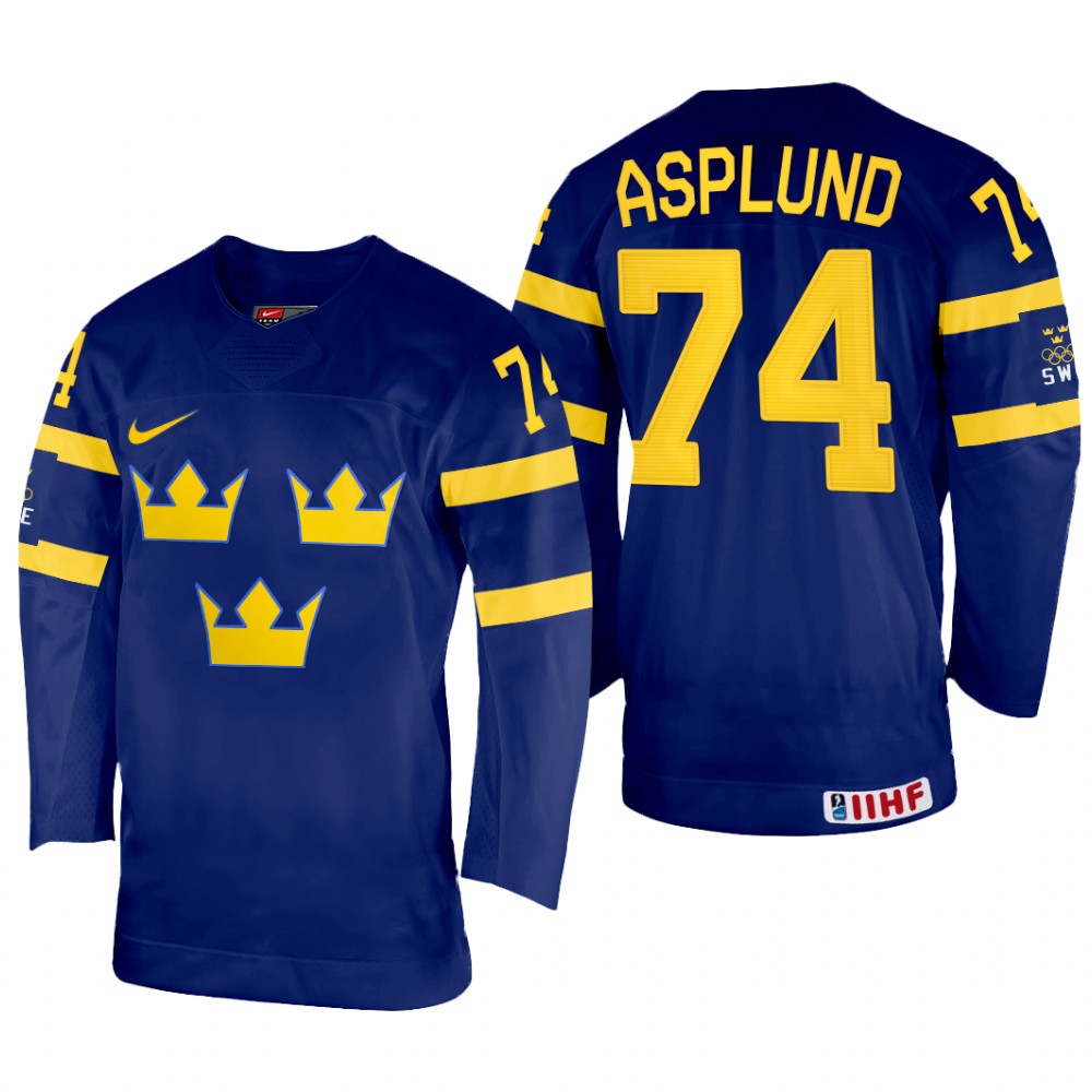 Sweden Rasmus Asplund 2022 IIHF World Championship Navy #74 Jersey Away