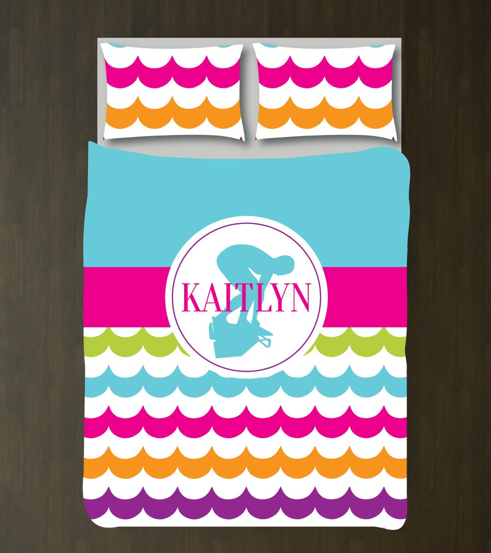 Swimming Themed Scallop For Girls Customized Hot Pink, Aqua, Orange, Purple, Bright Chartreuse, White Duvet Cover Bedding Set