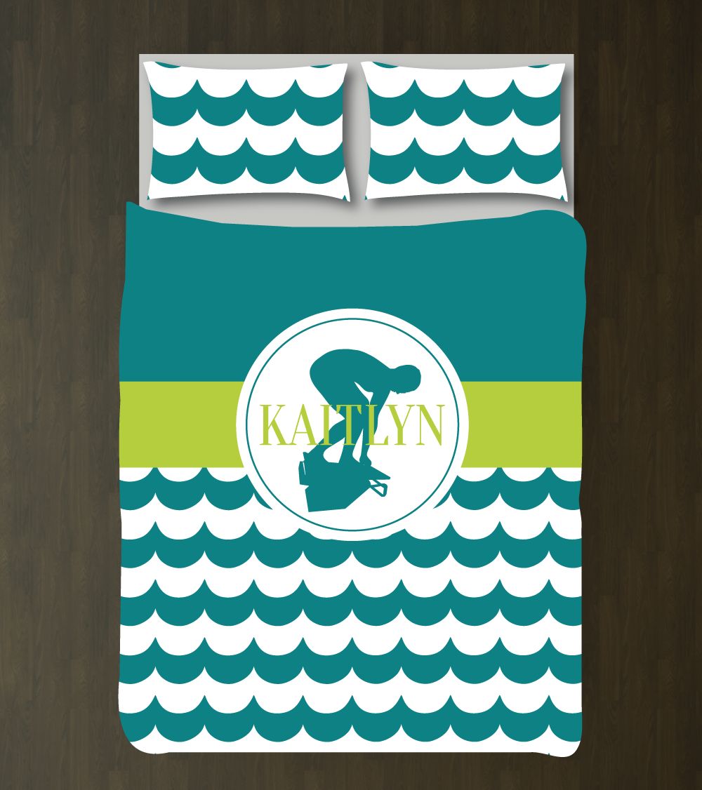 Swimming Themed Scallop For Girls Customized Teal, Bright Chartreuse, White Duvet Cover Bedding Set