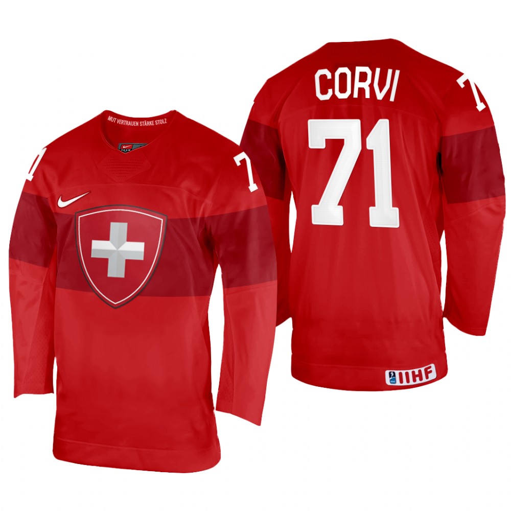 Switzerland Enzo Corvi 2022 IIHF World Championship Red #71 Jersey Away