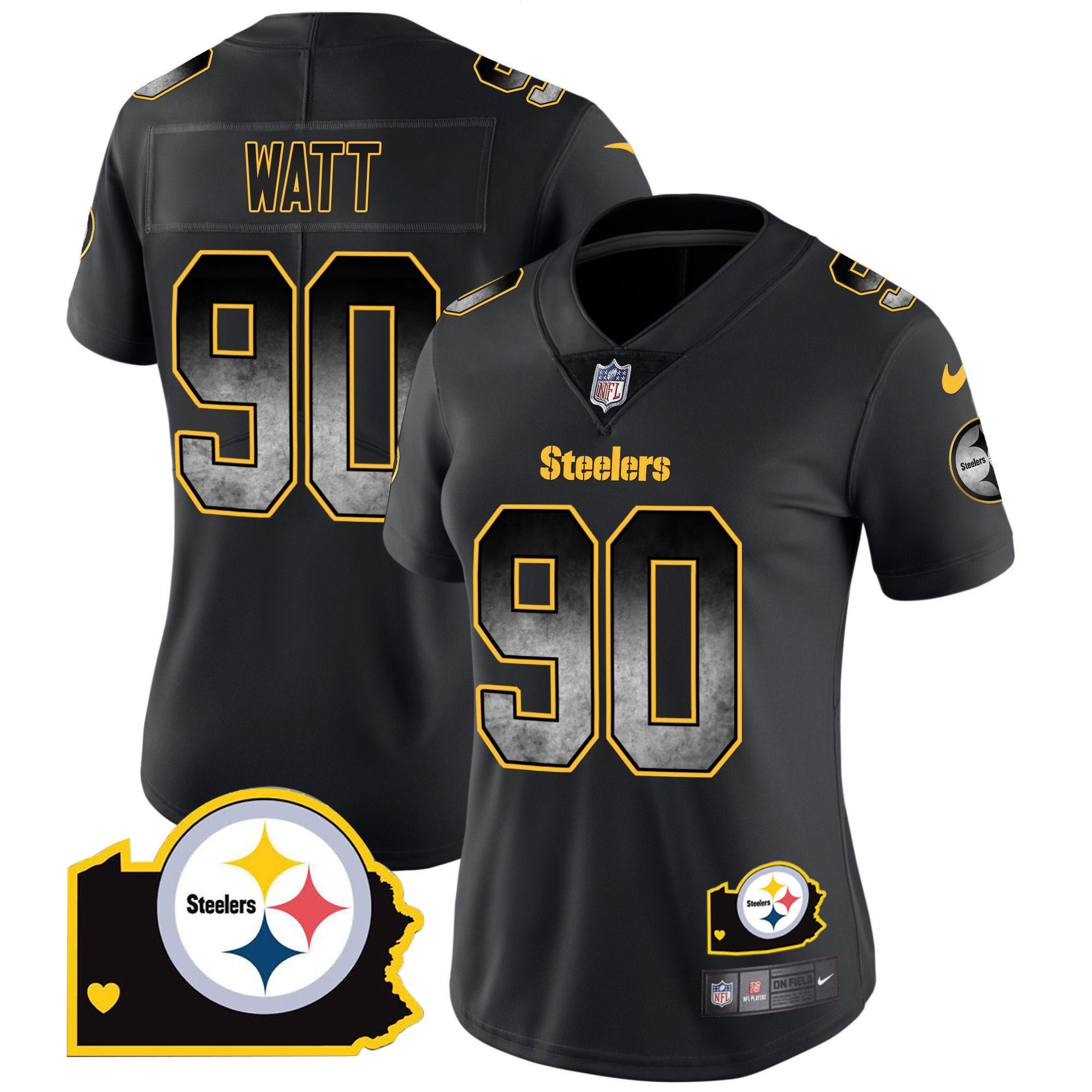 T. J. Watt Women's Pittsburgh Steelers Arch Smoke Home Patch Vapor Black Jersey - All Stitched