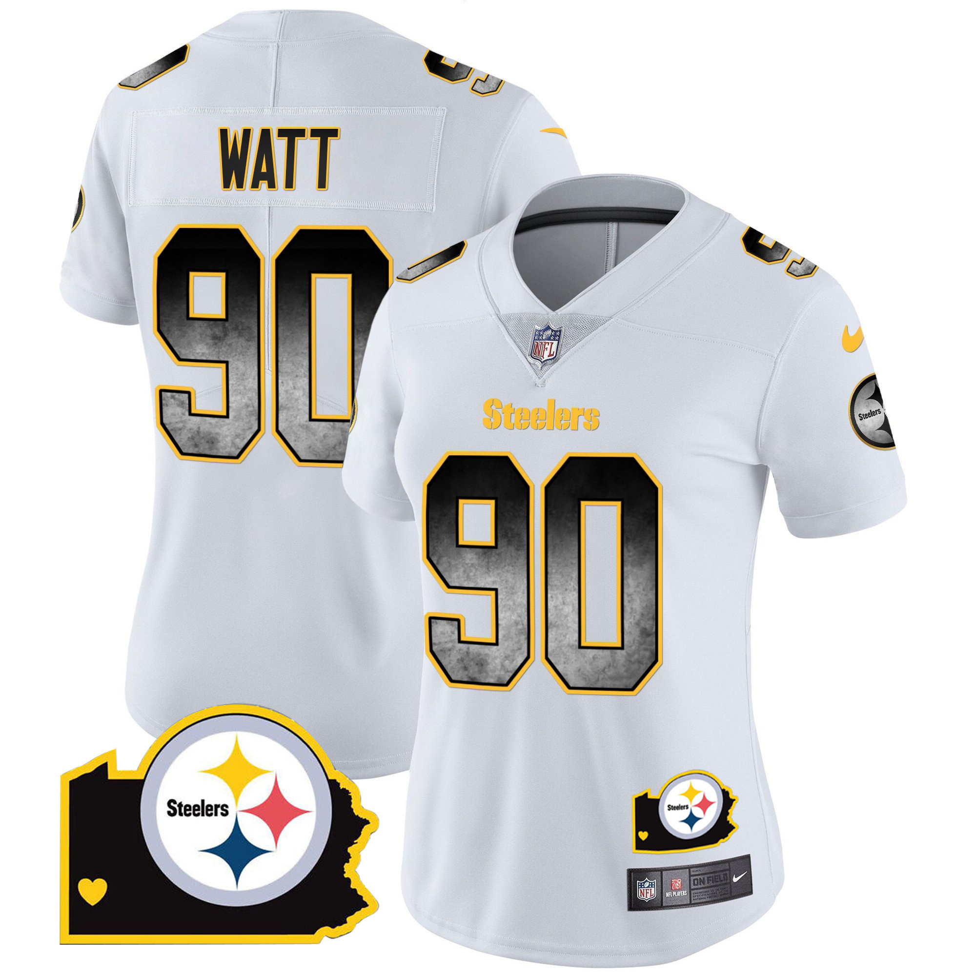 T. J. Watt Women's Pittsburgh Steelers Arch Smoke Home Patch Vapor White Jersey - All Stitched