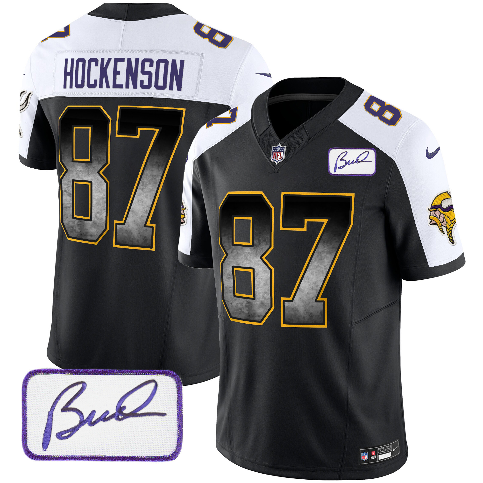 T.J. Hockenson Men's Minnesota Vikings Bud Grant Patch Arch Smoke Vapor Black Alternate Jersey - All Stitched