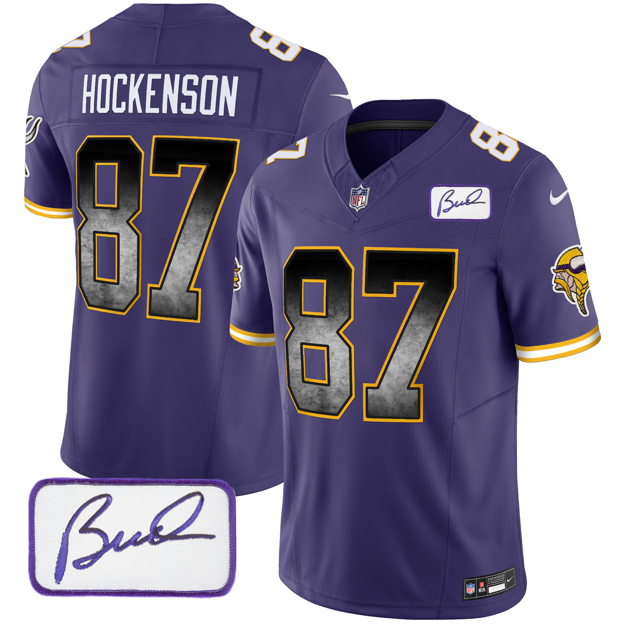 T.J. Hockenson Men's Minnesota Vikings Bud Grant Patch Arch Smoke Vapor Purple Jersey - All Stitched