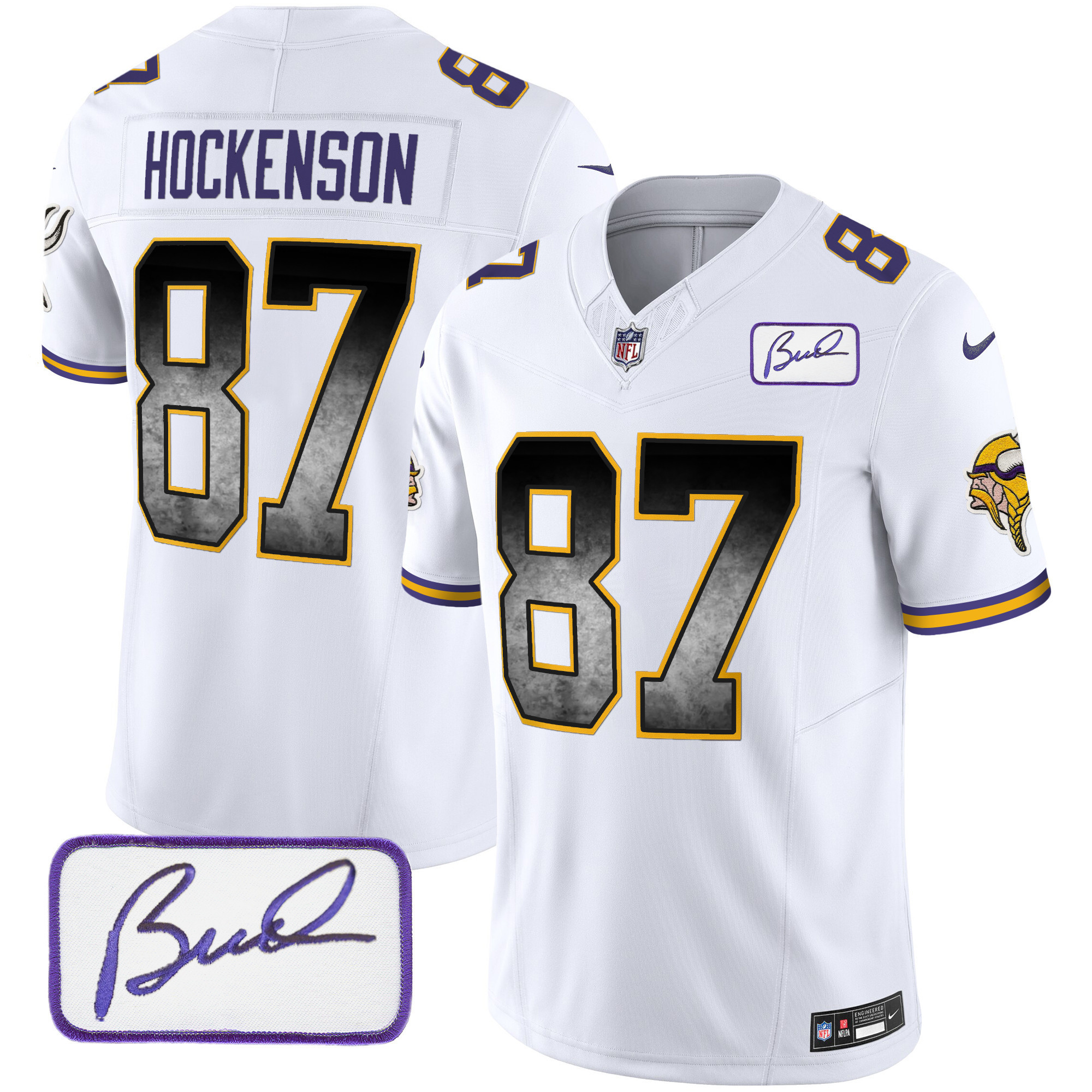 T.J. Hockenson Men's Minnesota Vikings Bud Grant Patch Arch Smoke Vapor White Jersey - All Stitched