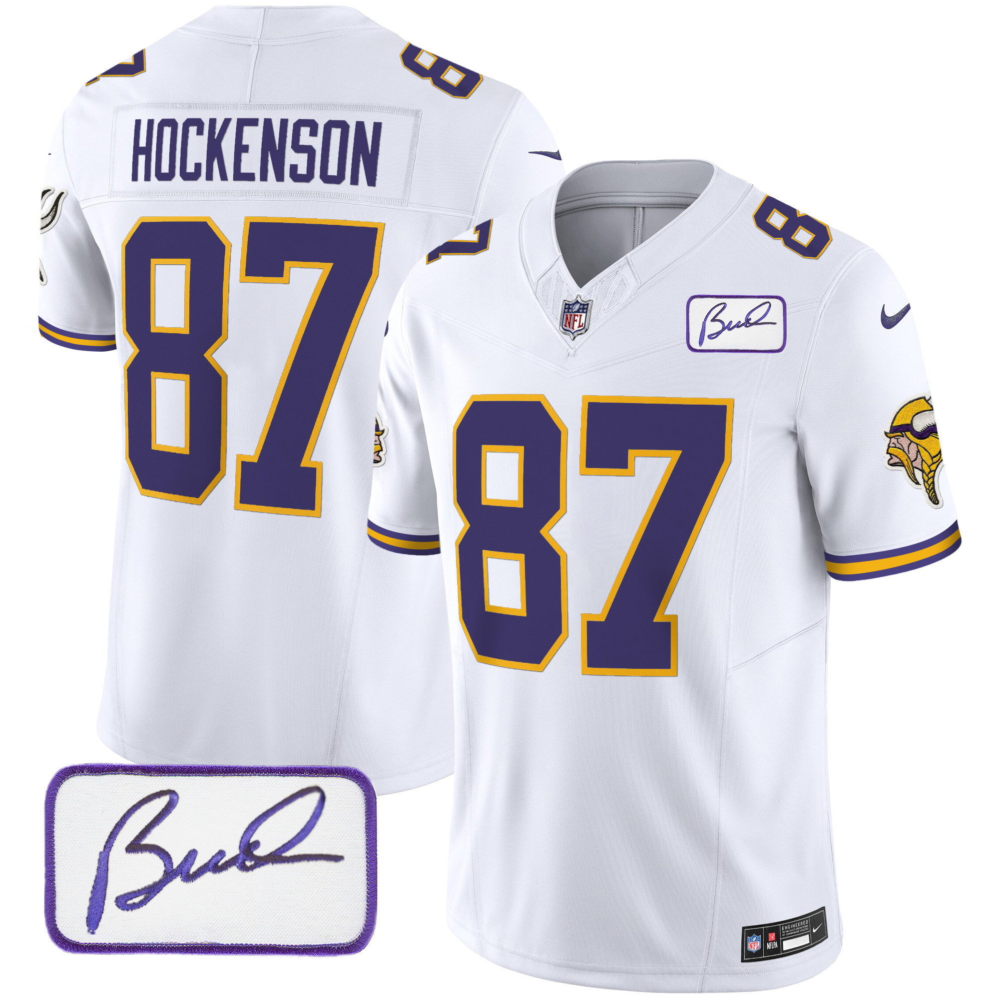 T.J. Hockenson Men's Minnesota Vikings Bud Grant Patch Classic Limited V3 White Jersey - All Stitched