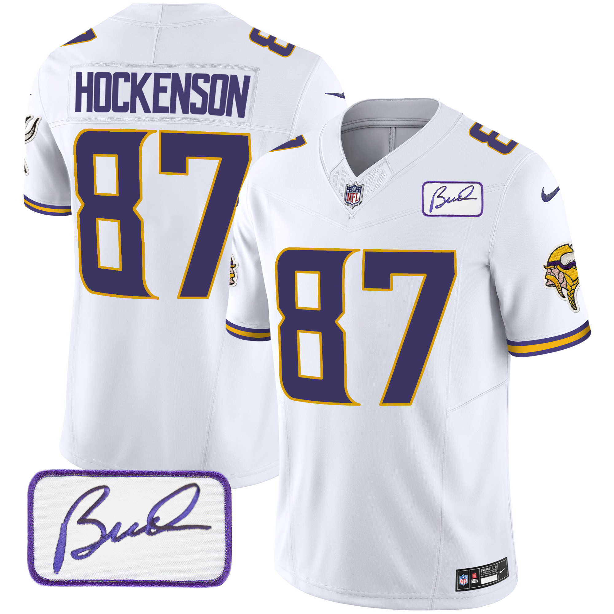T.J. Hockenson Men's Minnesota Vikings Bud Grant Patch Classic Limited V4 White Jersey - All Stitched