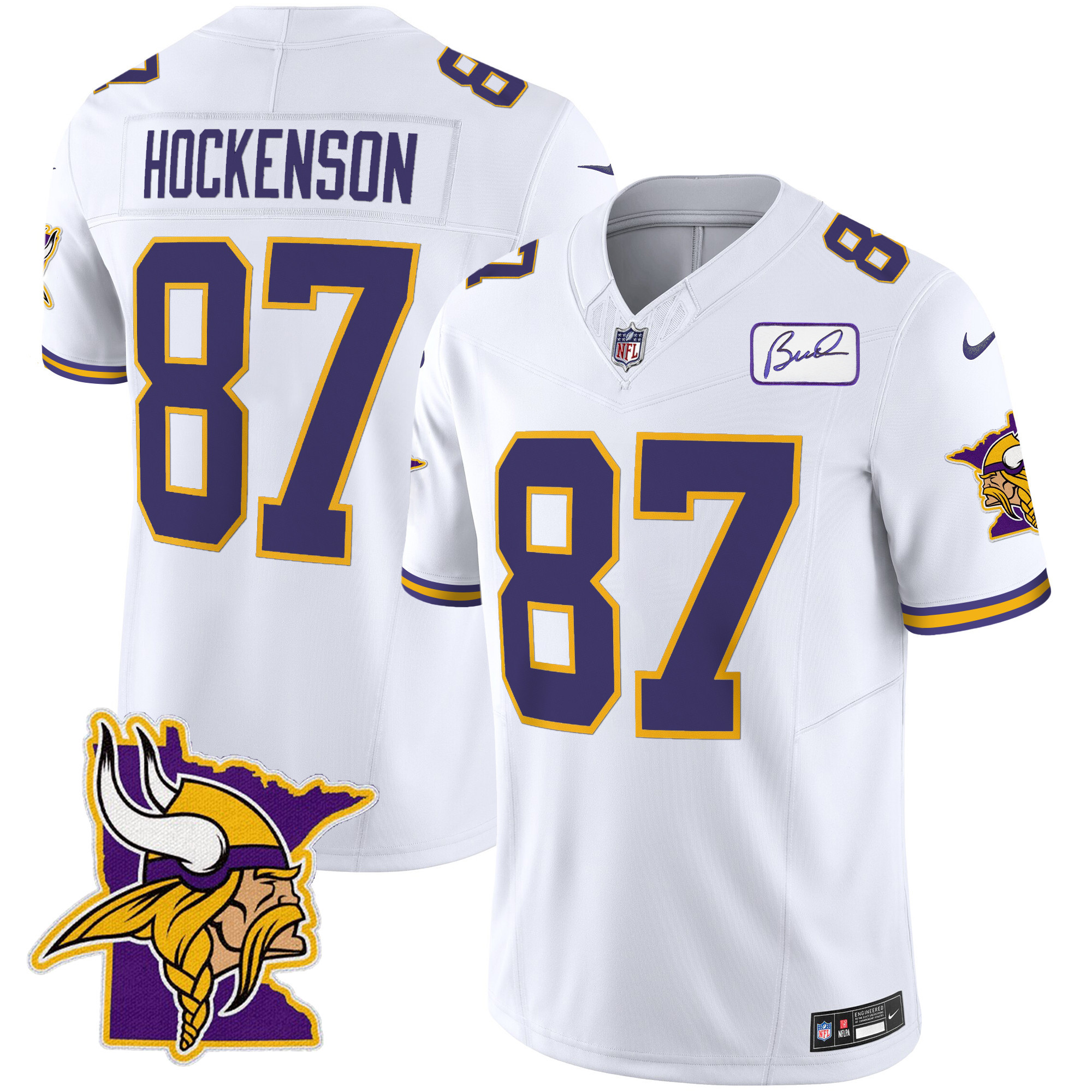 T.J. Hockenson Men's Minnesota Vikings Bud Grant Patch Classic Limited V5 White Jersey - All Stitched