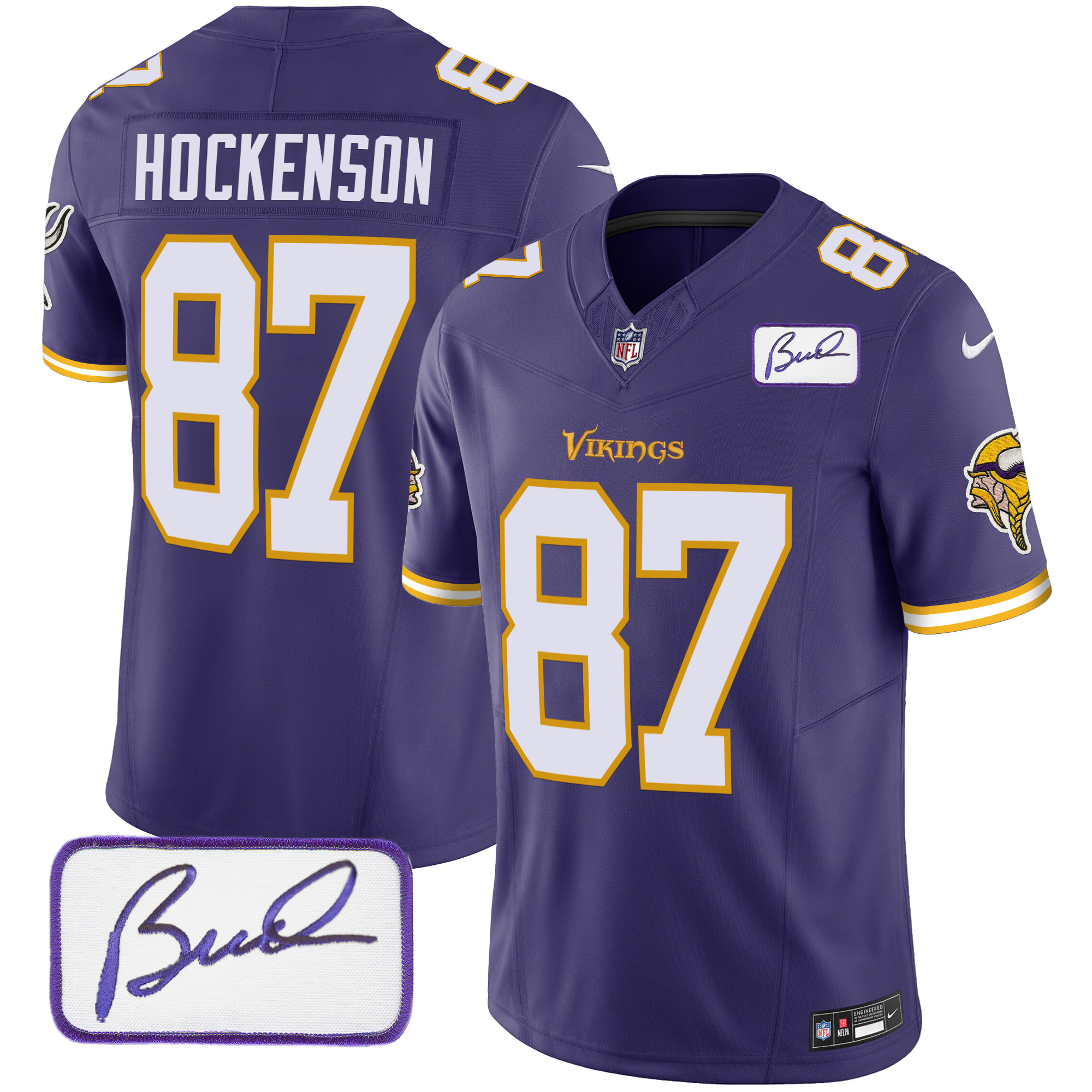 T.J. Hockenson Men's Minnesota Vikings Bud Grant Patch Classic Limited V6 Purple Jersey - All Stitched
