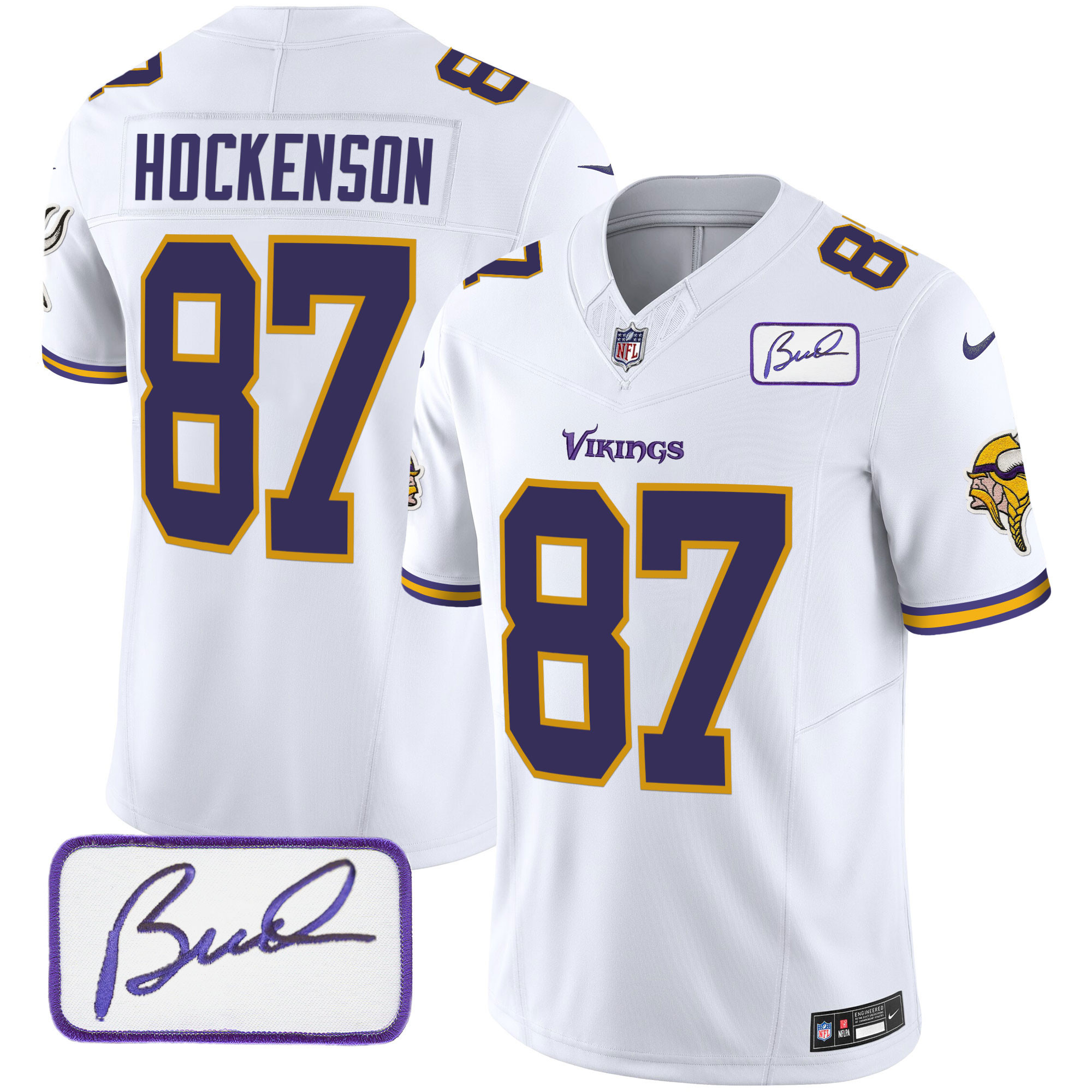T.J. Hockenson Men's Minnesota Vikings Bud Grant Patch Classic Limited V6 White Jersey - All Stitched
