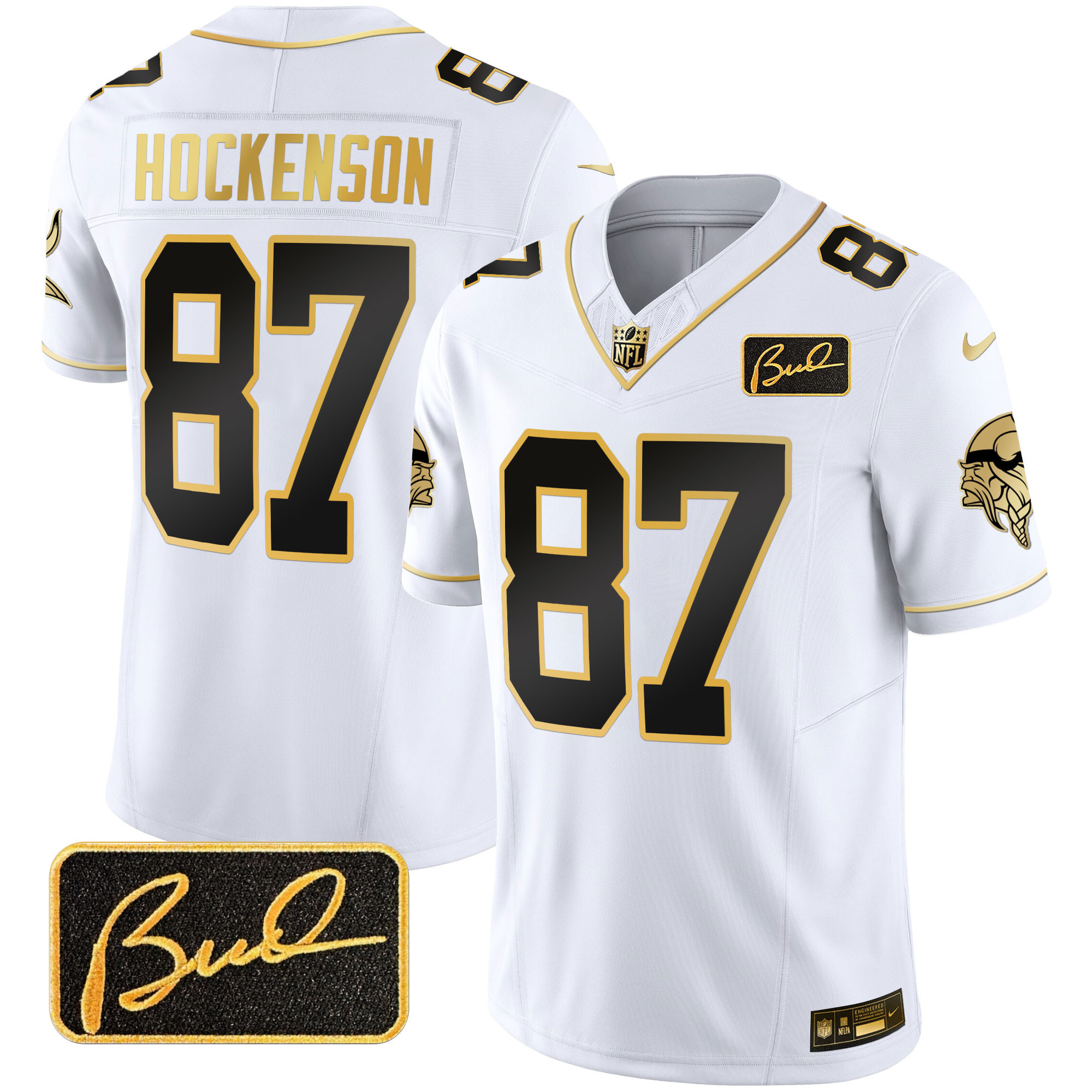 T.J. Hockenson Men's Minnesota Vikings Bud Grant Patch Gold Limited V2 White Gold Jersey - All Stitched