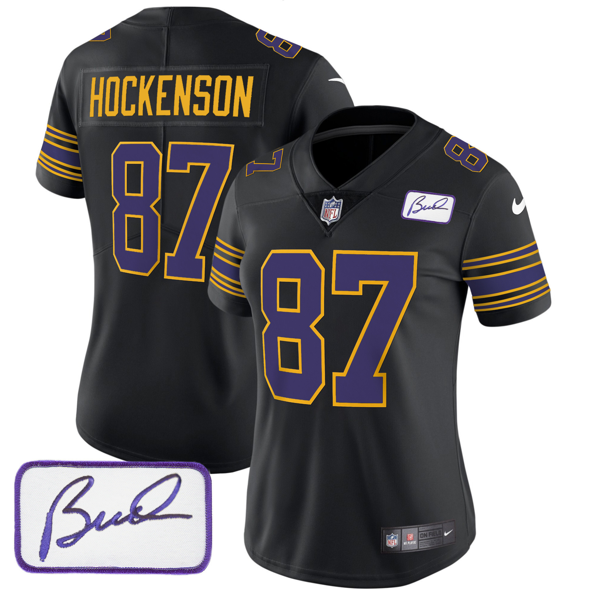 T.J. Hockenson Women's Minnesota Vikings Bud Grant Patch Classic Limited Black Jersey - All Stitched
