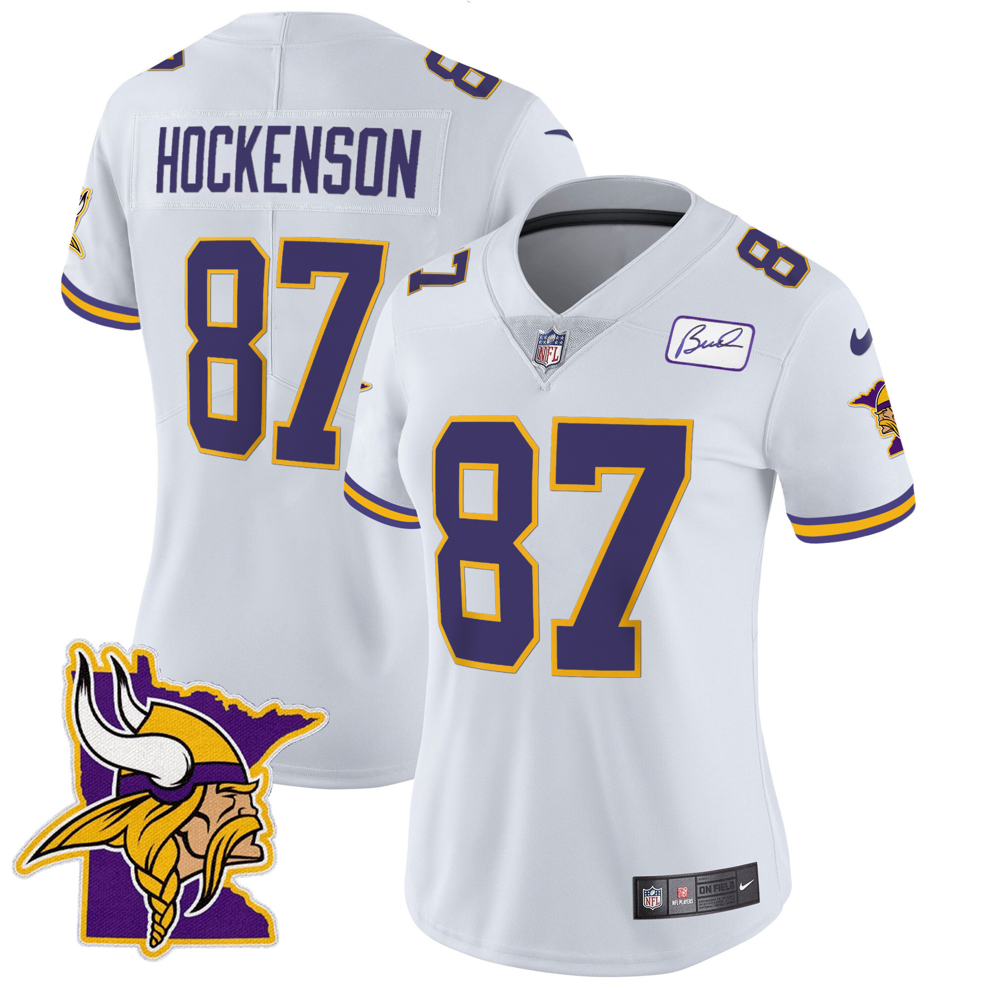 T.J. Hockenson Women's Minnesota Vikings Bud Grant Patch Classic Limited V5 White Jersey - All Stitched