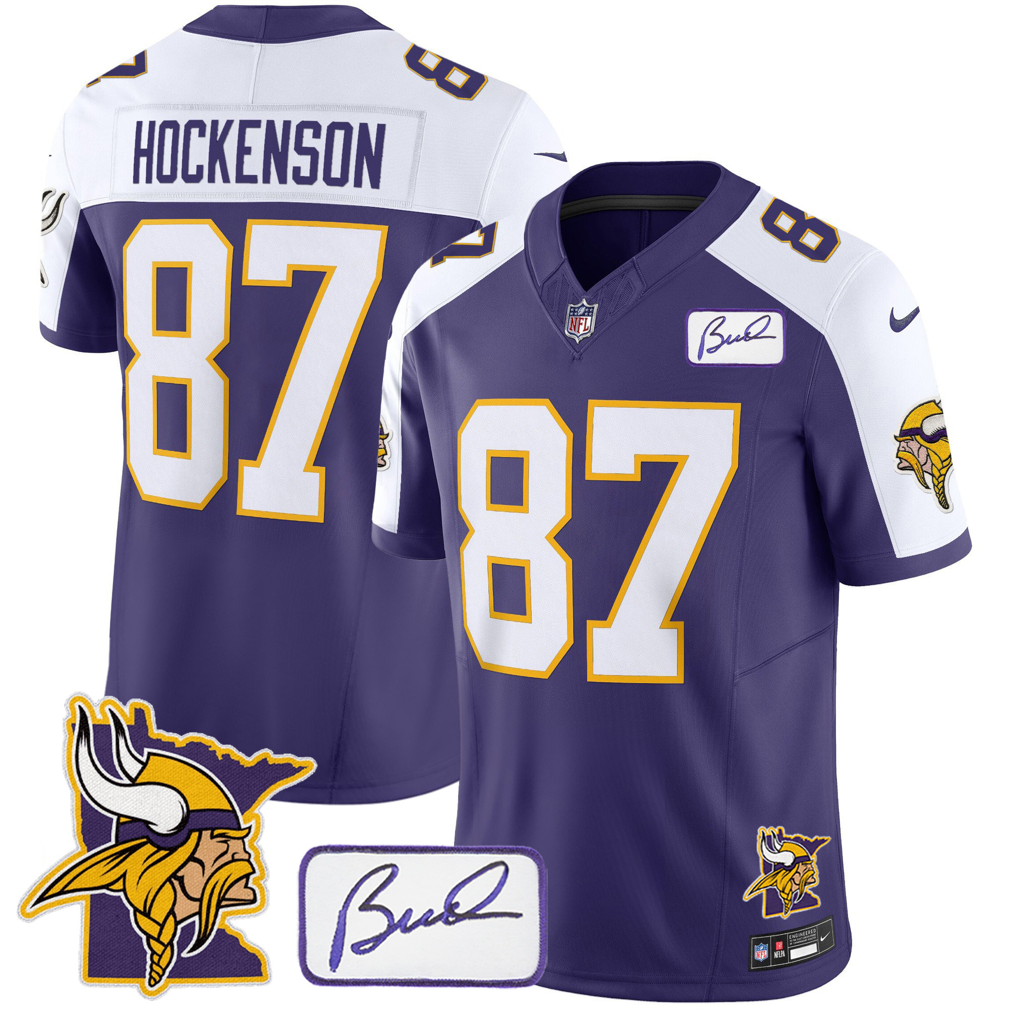 T.J.Hockenson Men's Minnesota Vikings Bud Grant & Minnesota Patch Classic Limited Purple Alternate Jersey - All Stitched