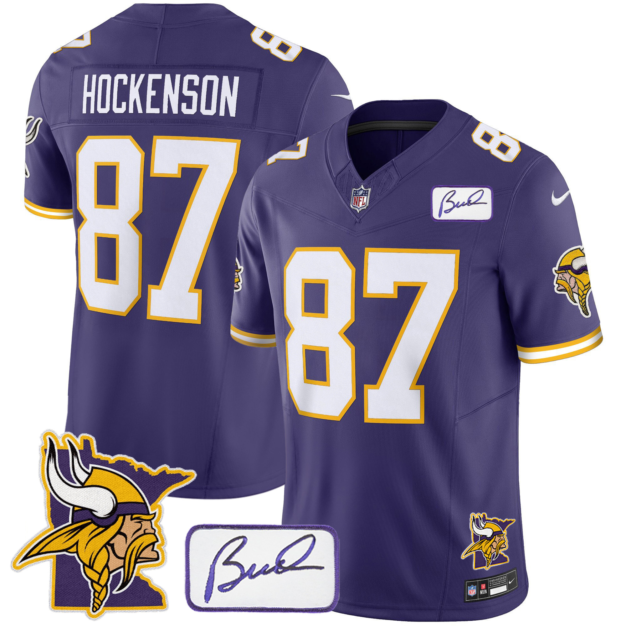 T.J.Hockenson Men's Minnesota Vikings Bud Grant & Minnesota Patch Classic Limited Purple Jersey - All Stitched