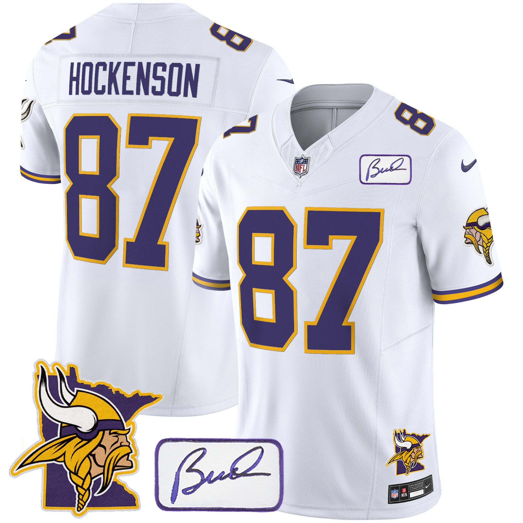 T.J.Hockenson Men's Minnesota Vikings Bud Grant & Minnesota Patch Classic Limited White Jersey - All Stitched
