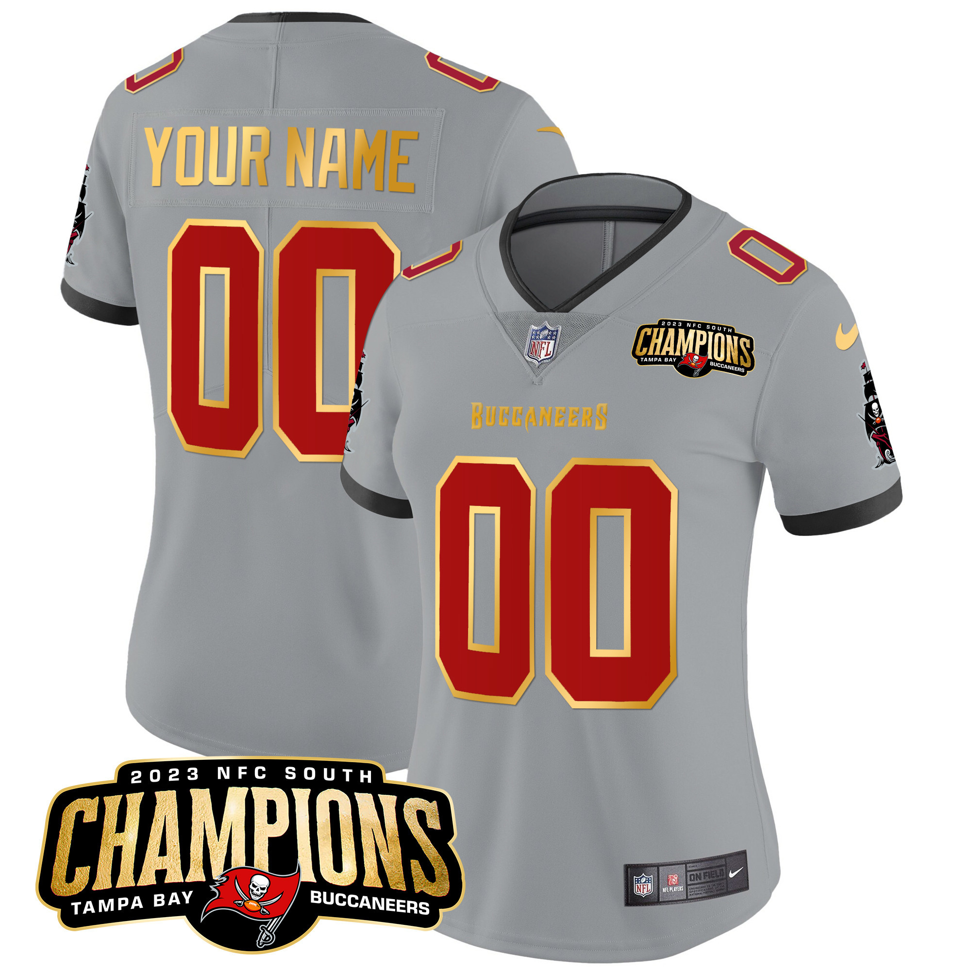 Tampa Bay Buccaneers 2023 NFC South Champions Patch Gold Trim Vapor Custom Gray Jersey - All Stitched 