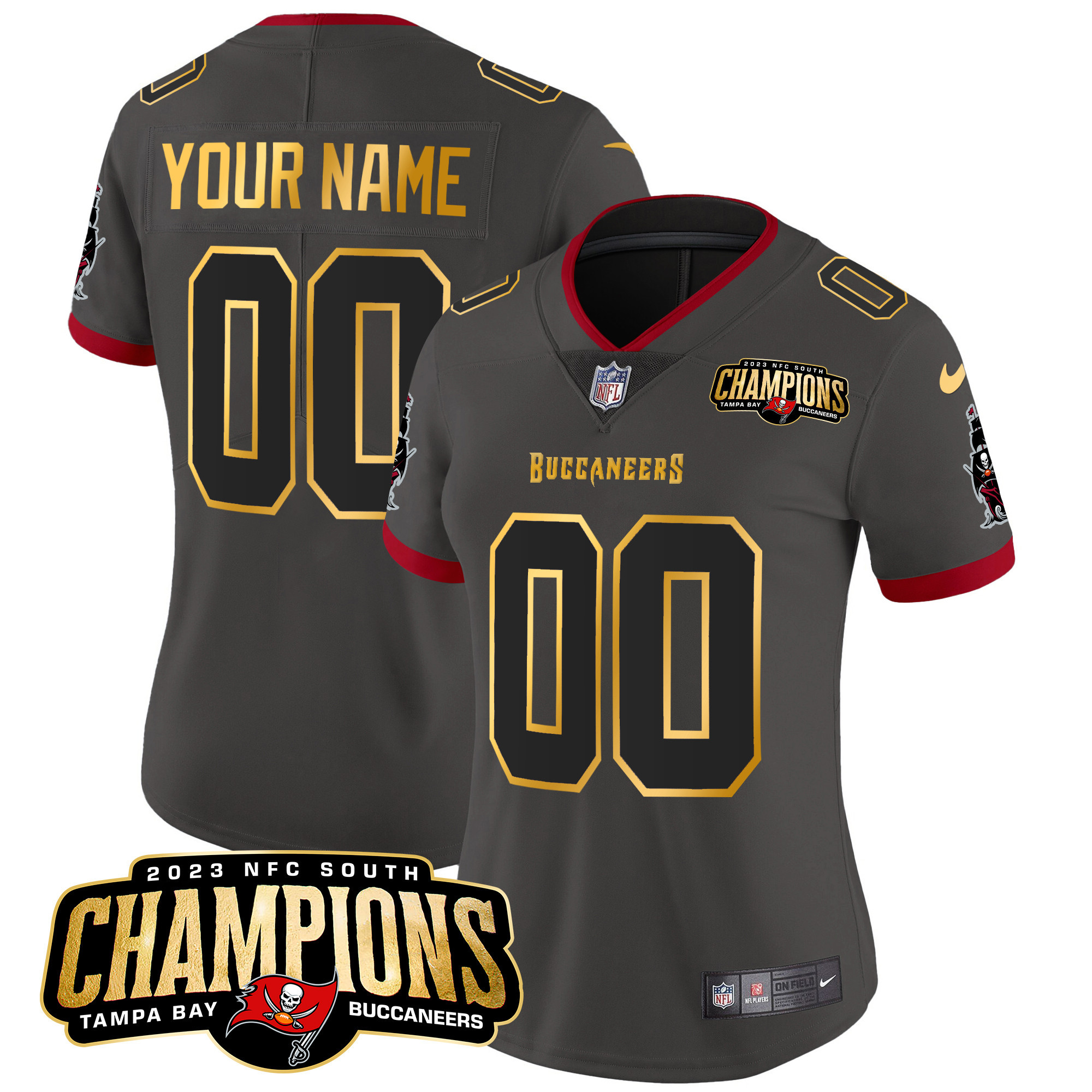 Tampa Bay Buccaneers 2023 NFC South Champions Patch Gold Trim Vapor Custom Pewter Jersey - All Stitched 
