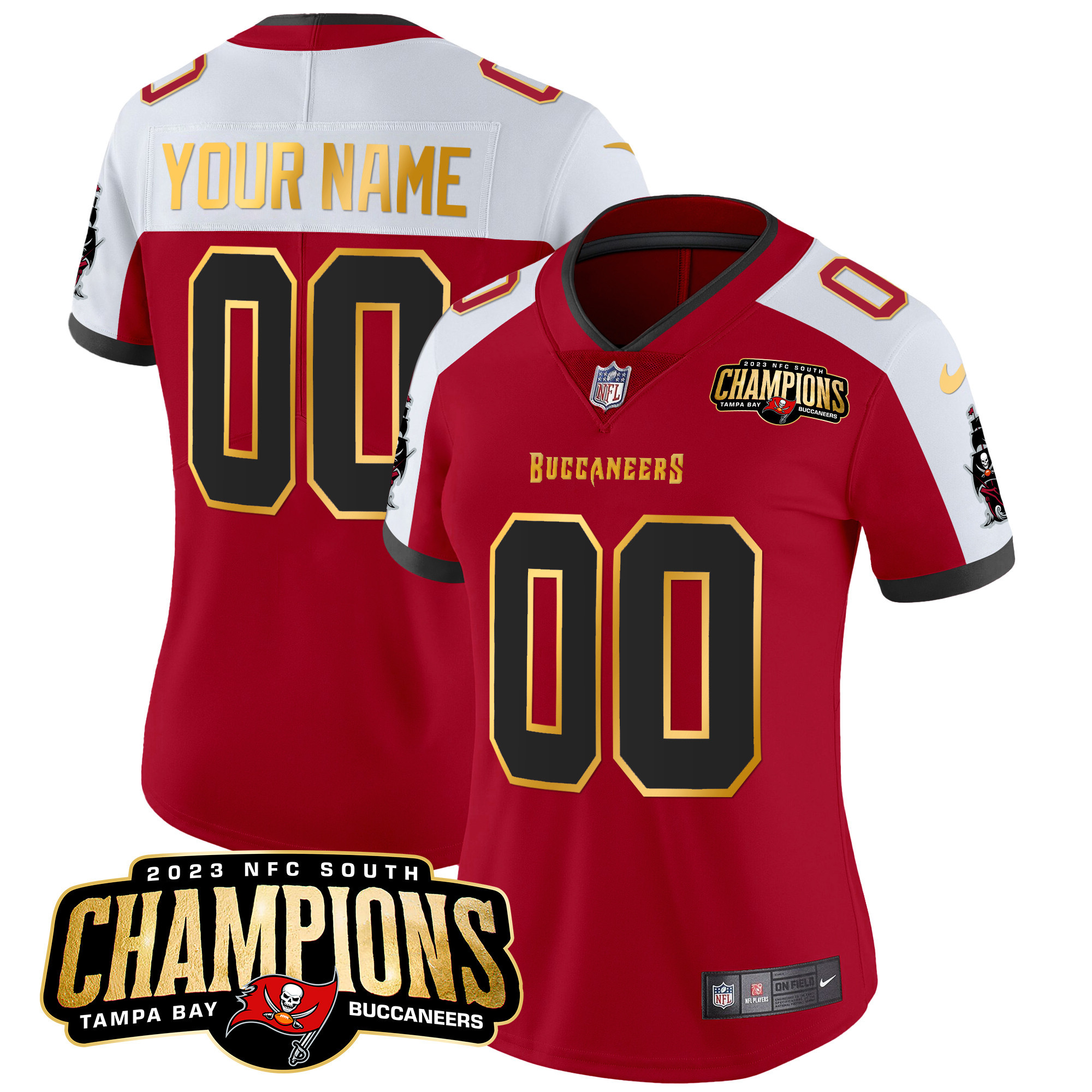 Tampa Bay Buccaneers 2023 NFC South Champions Patch Gold Trim Vapor Custom Red Alternate Jersey - All Stitched 