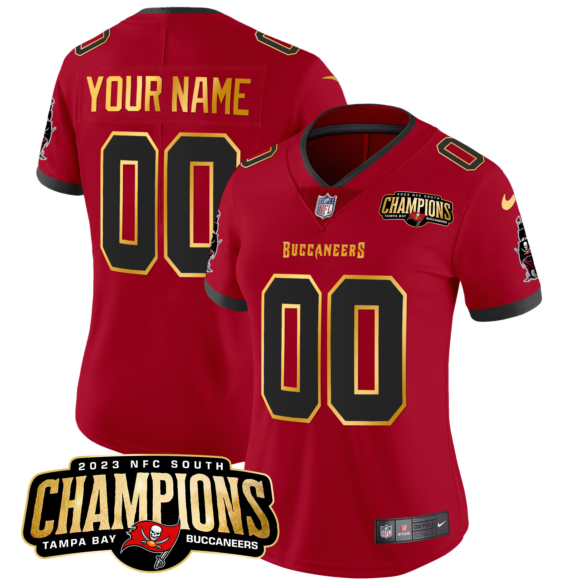 Tampa Bay Buccaneers 2023 NFC South Champions Patch Gold Trim Vapor Custom Red Jersey - All Stitched 