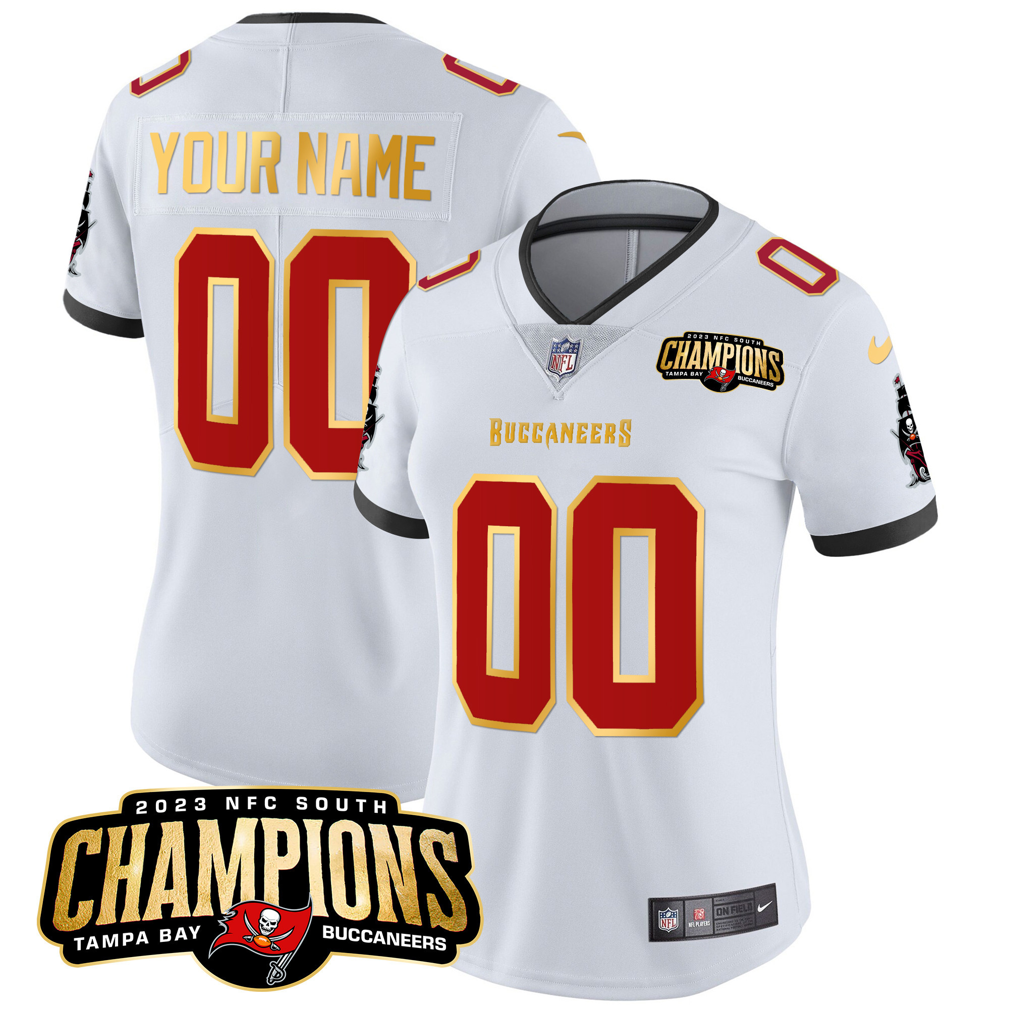 Tampa Bay Buccaneers 2023 NFC South Champions Patch Gold Trim Vapor Custom White Jersey - All Stitched 